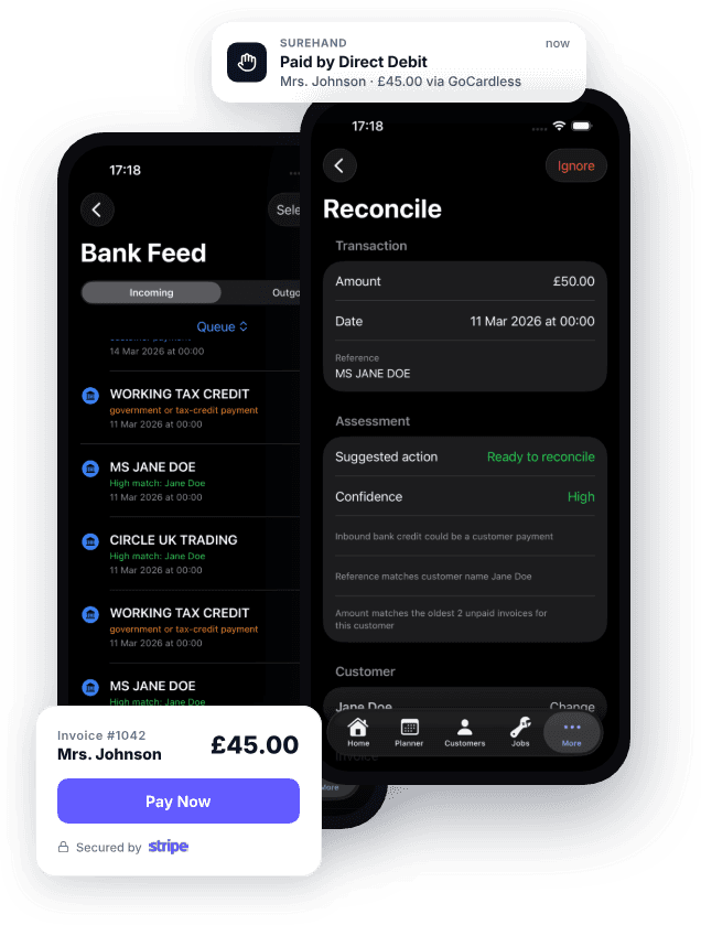 Surehand's bank feed matching an incoming payment to a customer invoice with a confidence score, via Open Banking