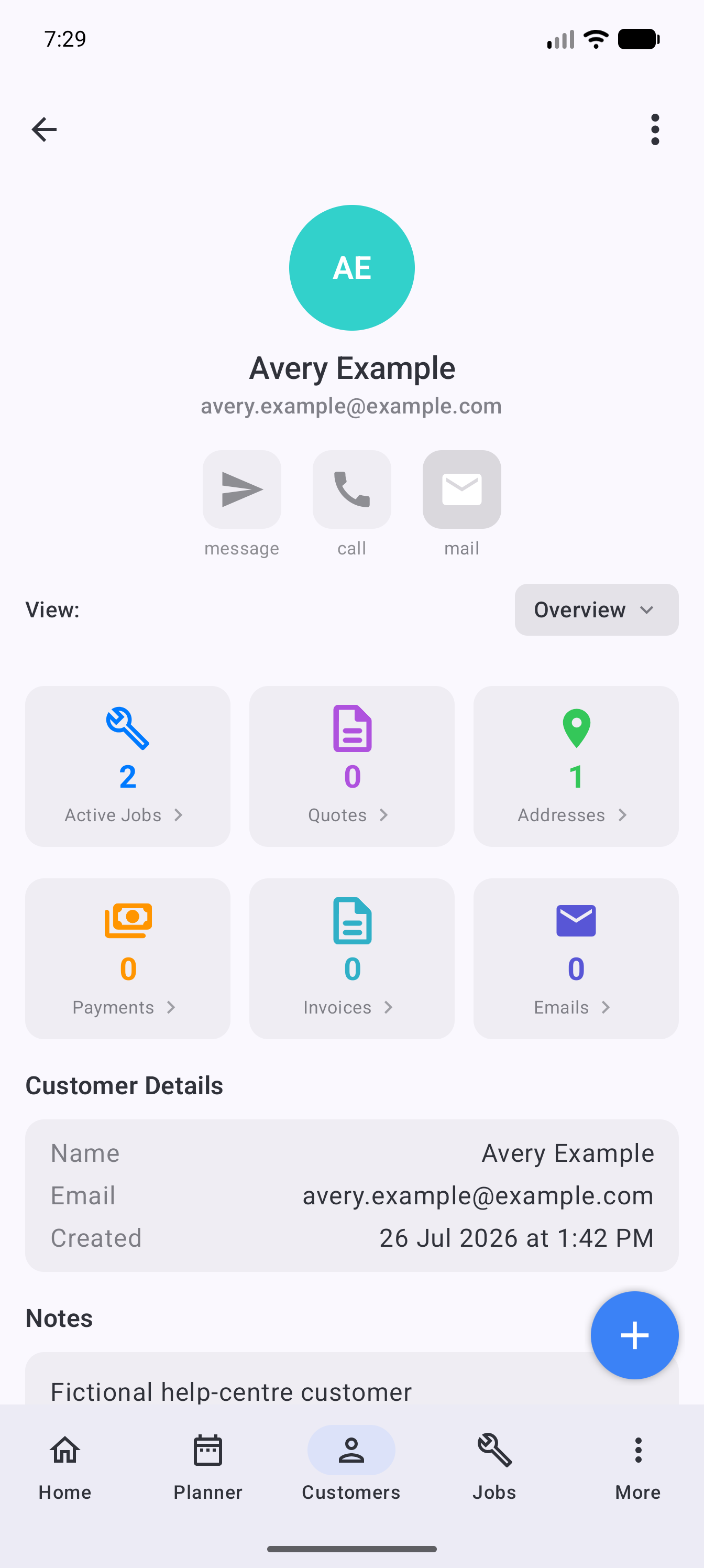 Example data: communication actions for a fictional customer in the current Surehand Android app