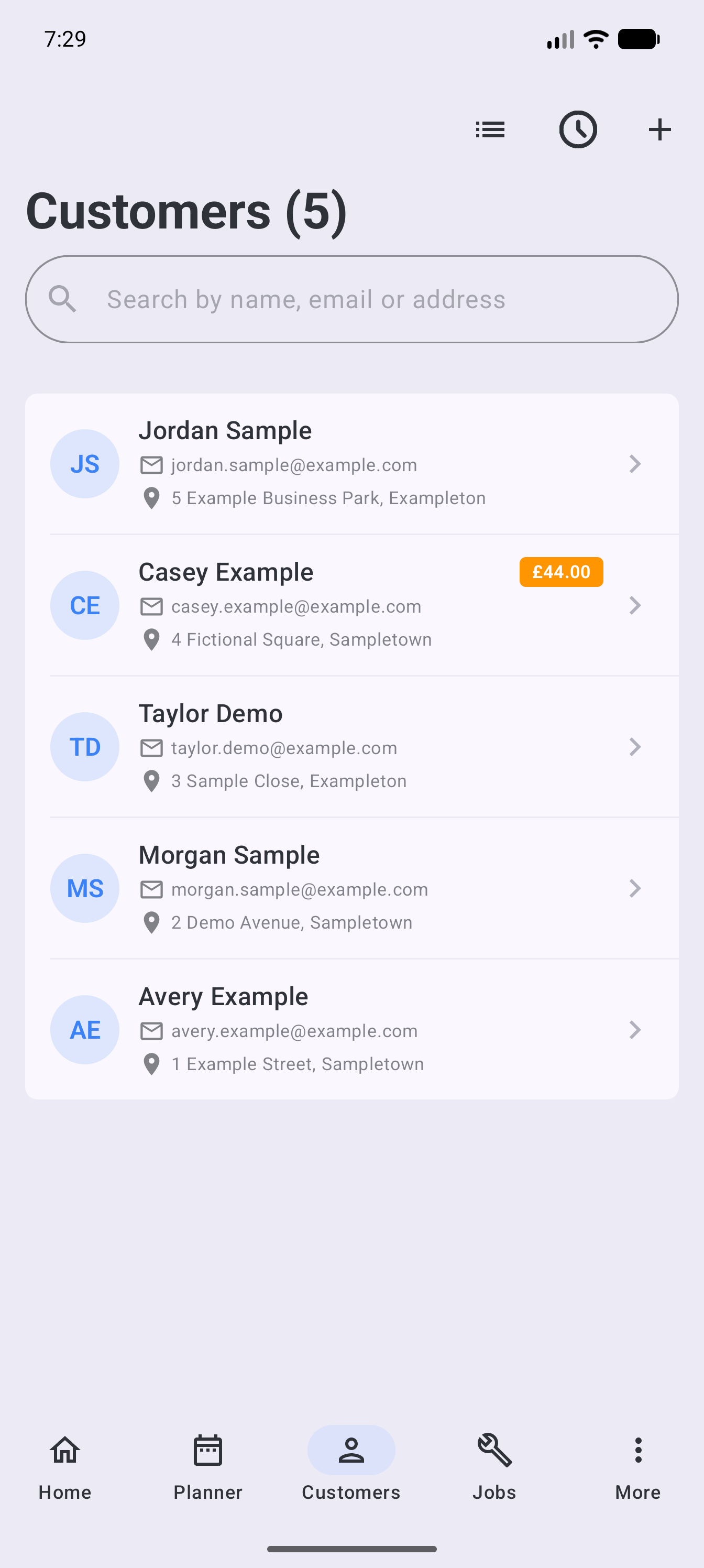 Example data: fictional customers in the current Surehand Android app