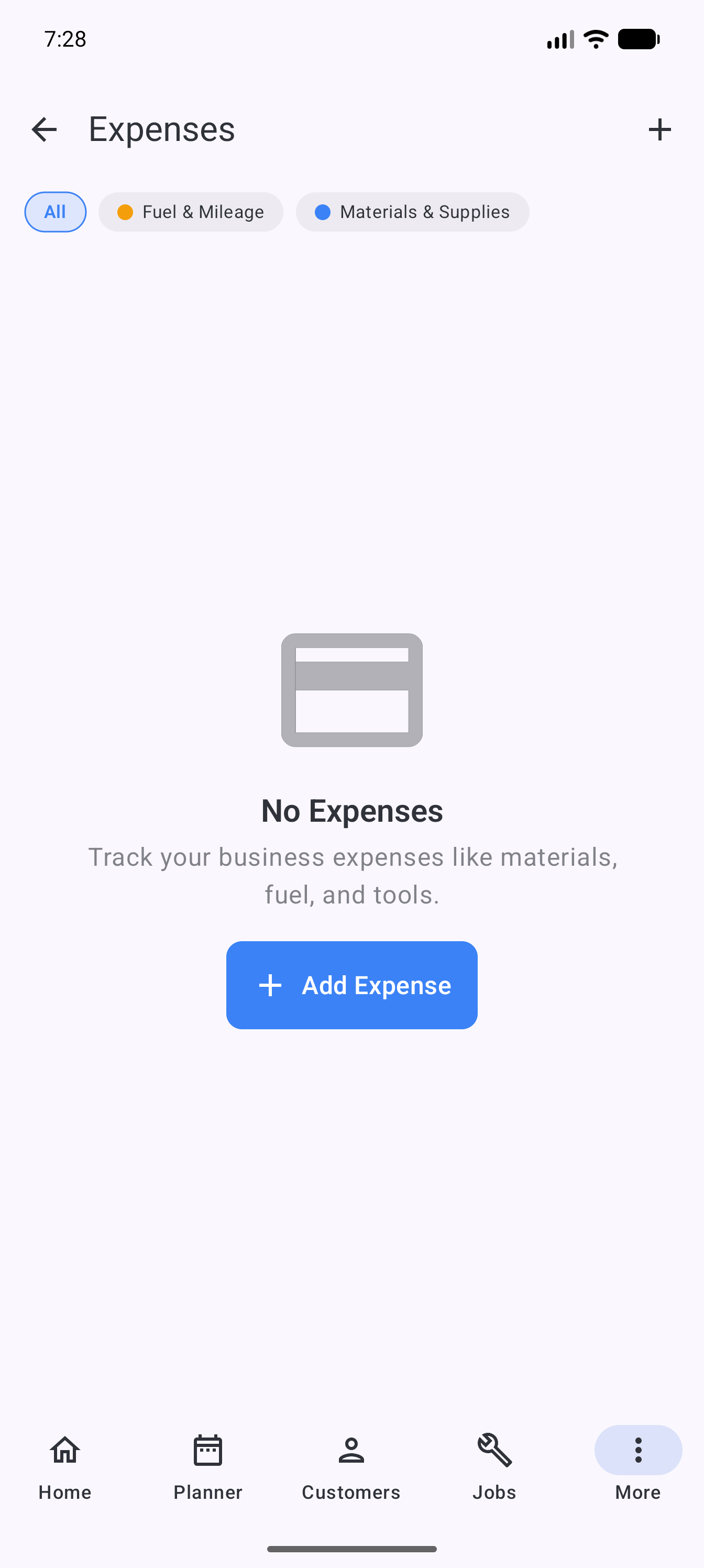 Example data: an empty expense list and the Add Expense action in the current Surehand Android app