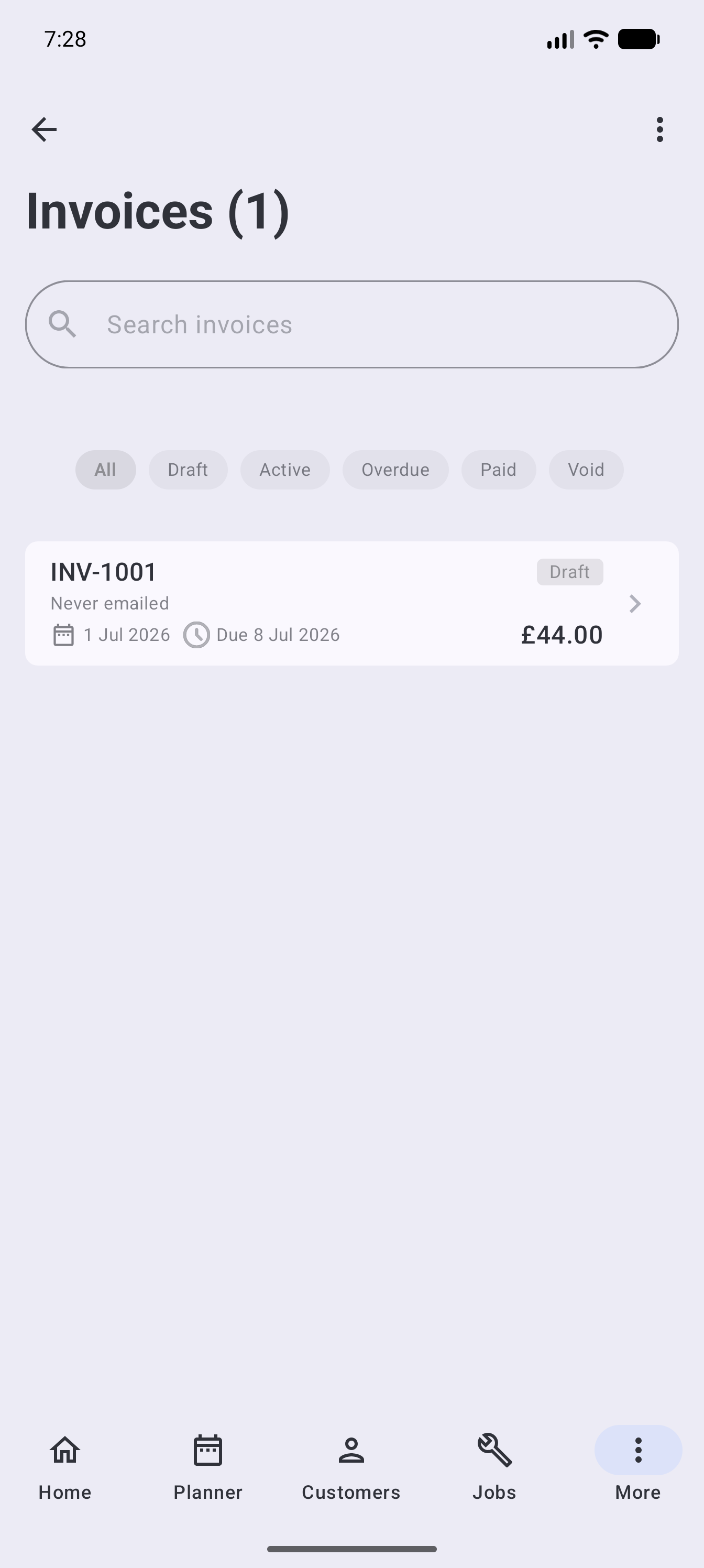 Example data: fictional invoices and payment statuses in the current Surehand Android app