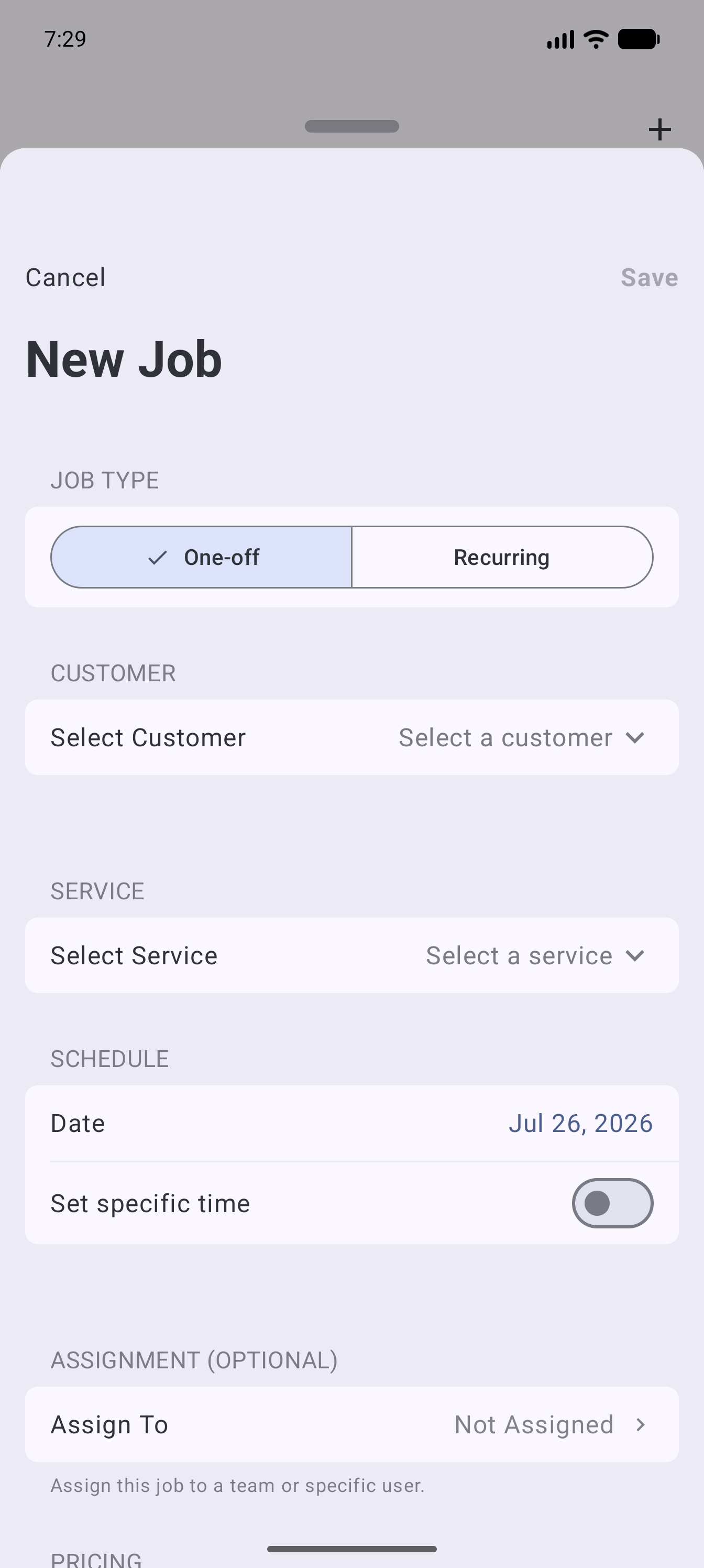 Example data: an unsaved one-off job for a fictional customer in the current Surehand Android app