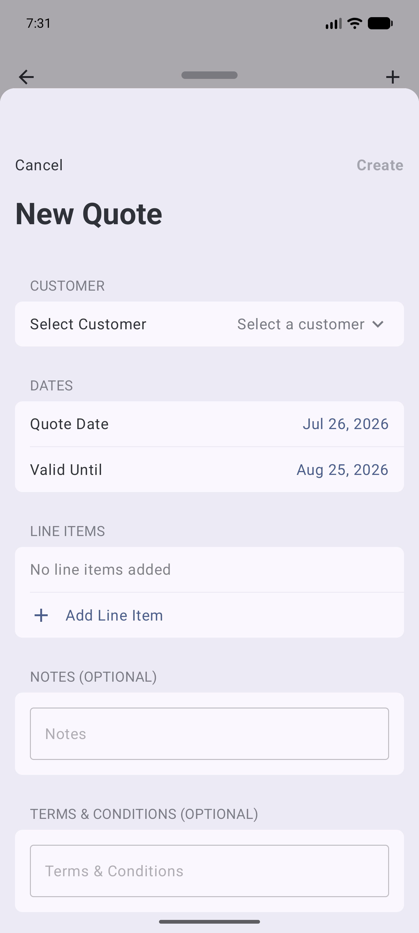 Example data: an unsent quote for a fictional customer in the current Surehand Android app