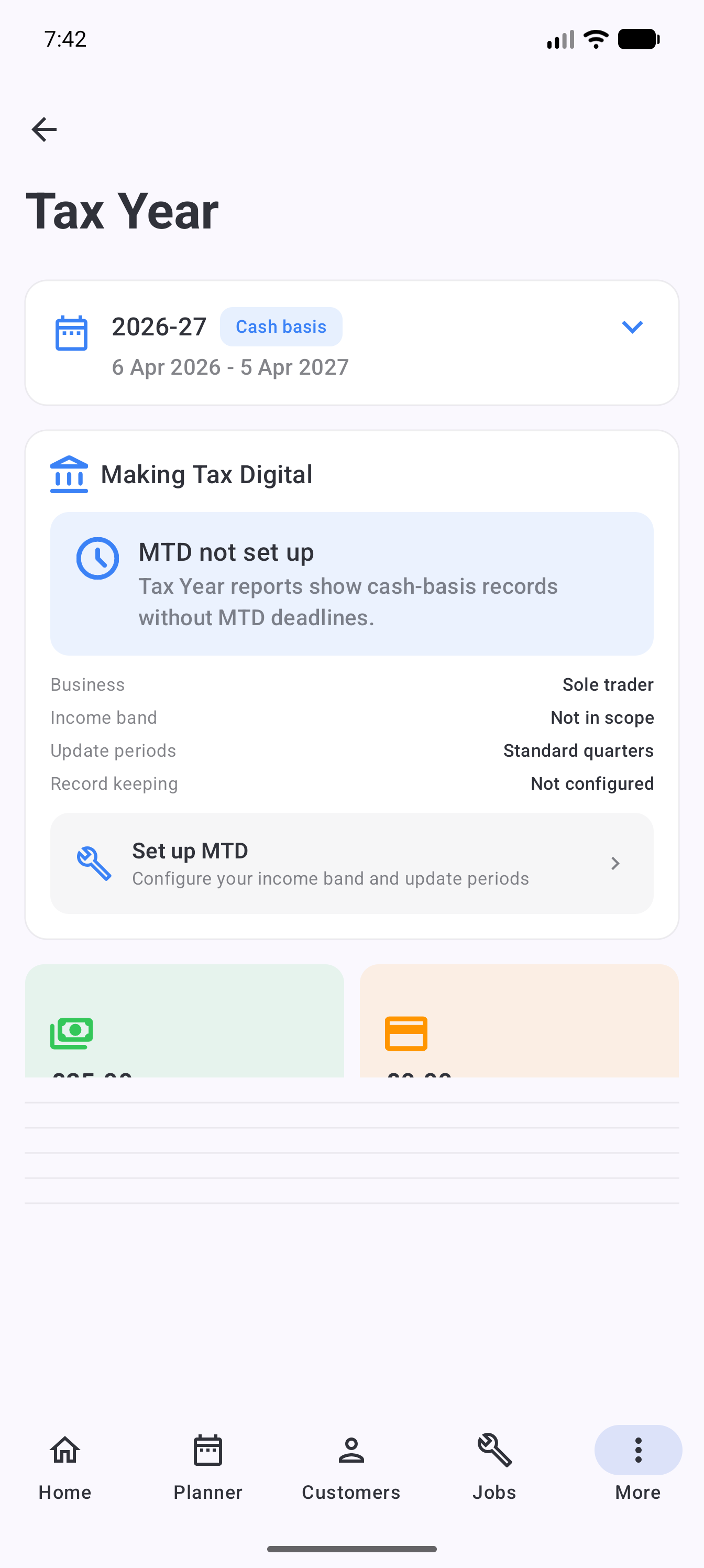 Example data: a fictional tax-year and MTD readiness report in the current Surehand Android app