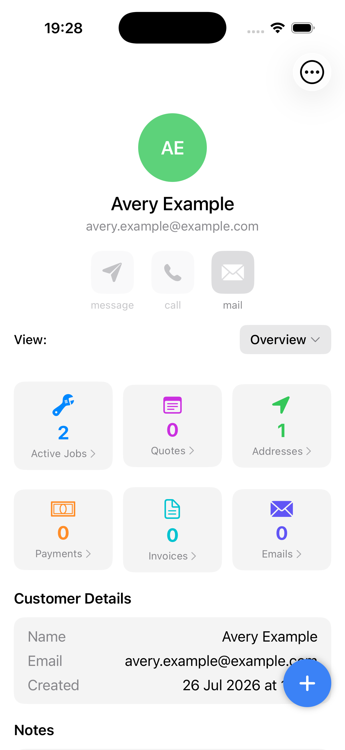 Example data: communication actions for a fictional customer in the current Surehand iPhone app