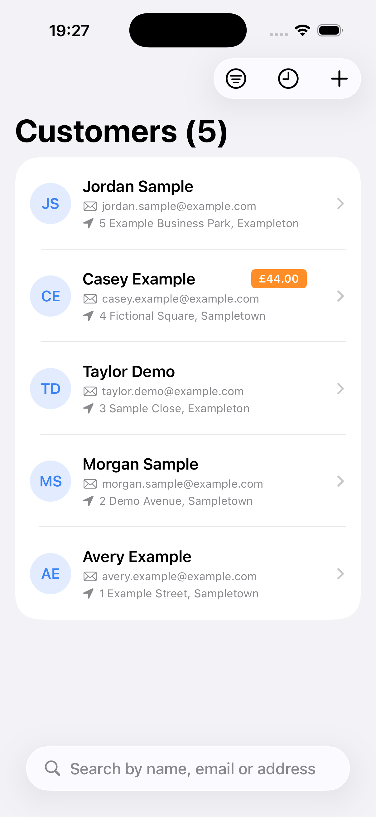 Example data: fictional customers in the current Surehand iPhone app