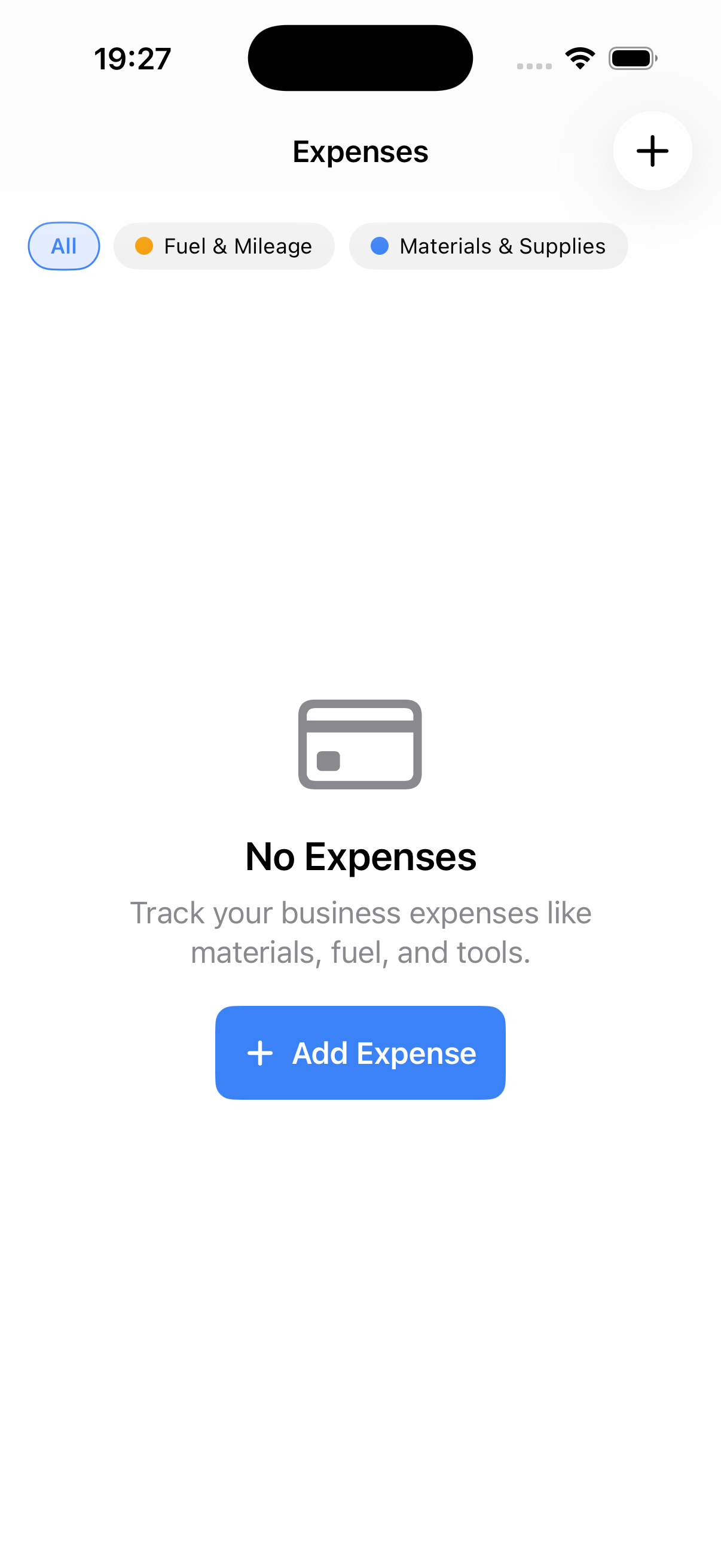 Example data: an empty expense list and the Add Expense action in the current Surehand iPhone app