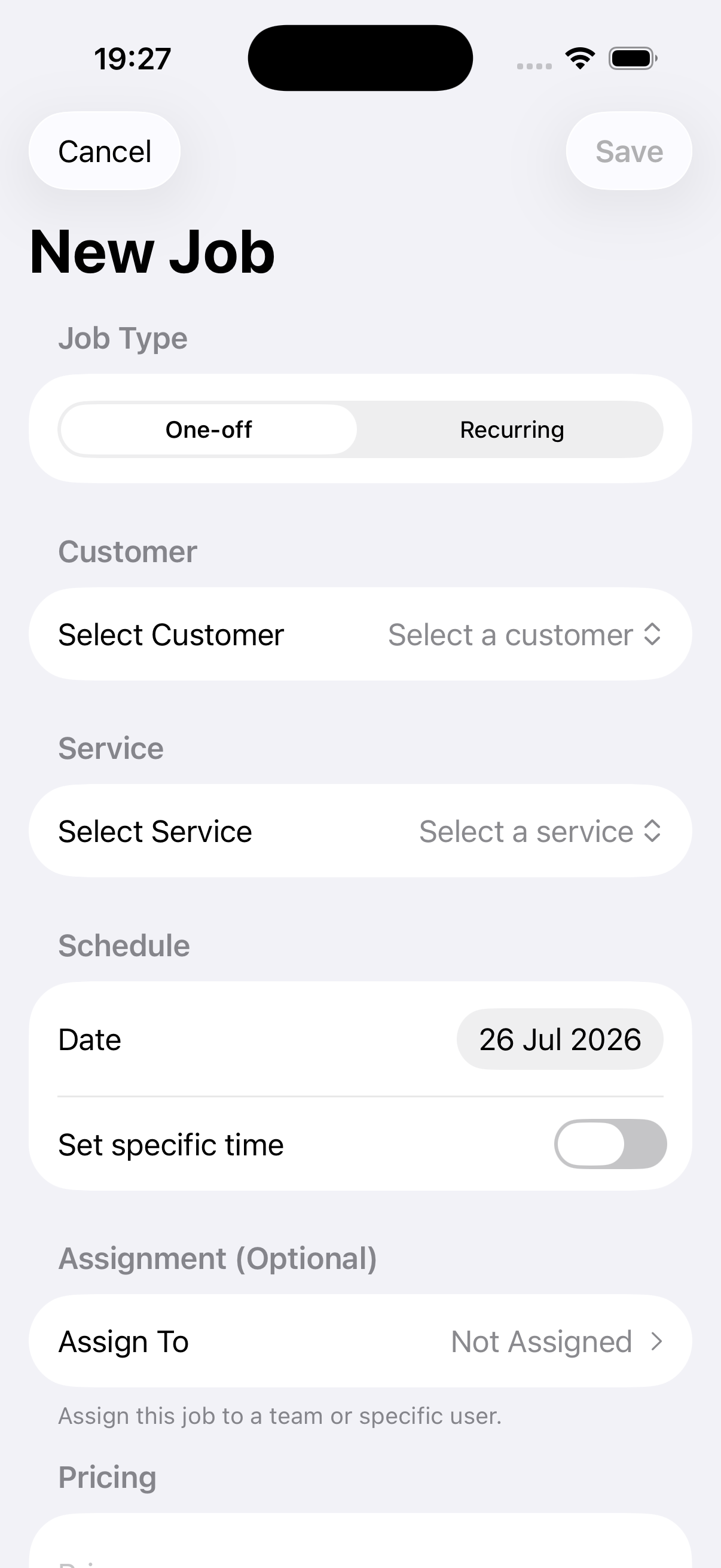 Example data: an unsaved one-off job for a fictional customer in the current Surehand iPhone app
