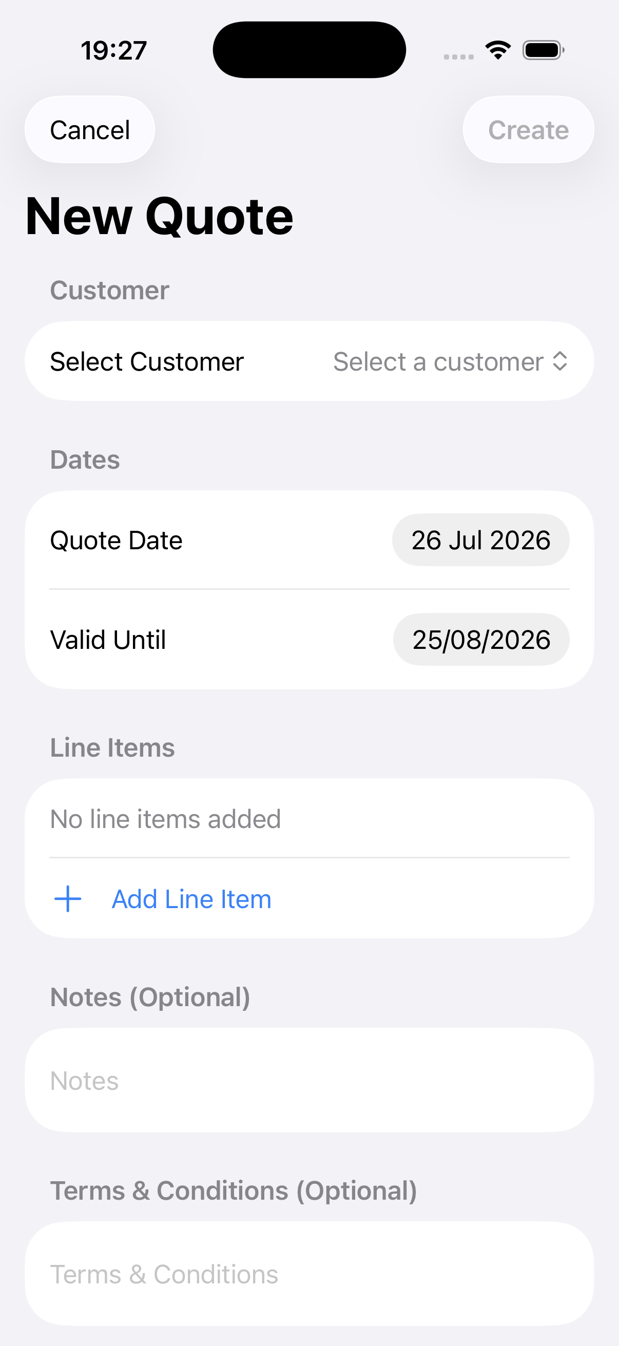 Example data: an unsent quote for a fictional customer in the current Surehand iPhone app