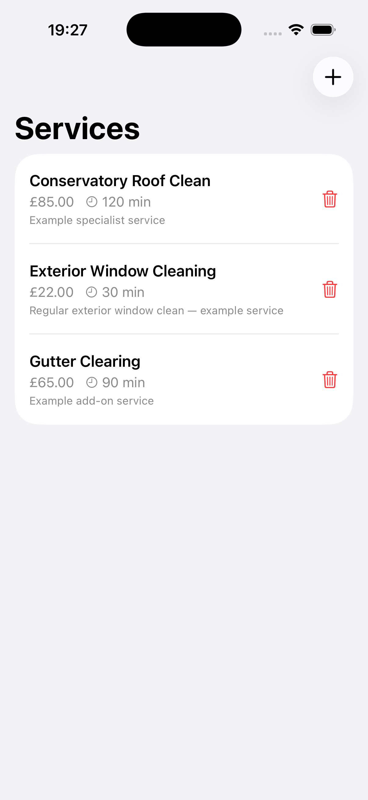 Example data: fictional window-cleaning services and prices in the current Surehand iPhone app