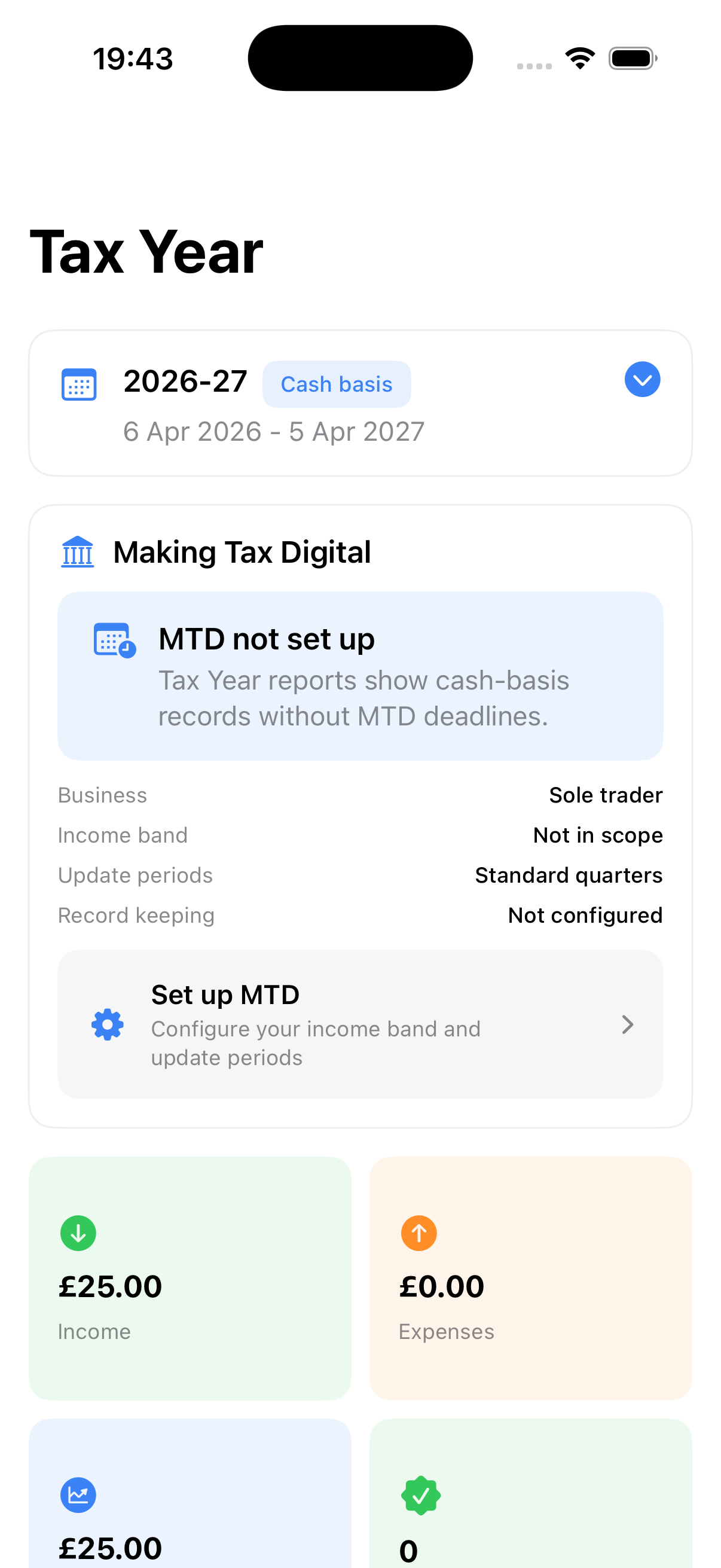 Example data: a fictional tax-year and MTD readiness report in the current Surehand iPhone app