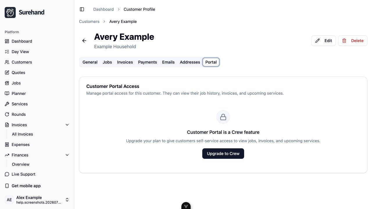 Example data: customer portal access for a fictional customer in the current Surehand web app