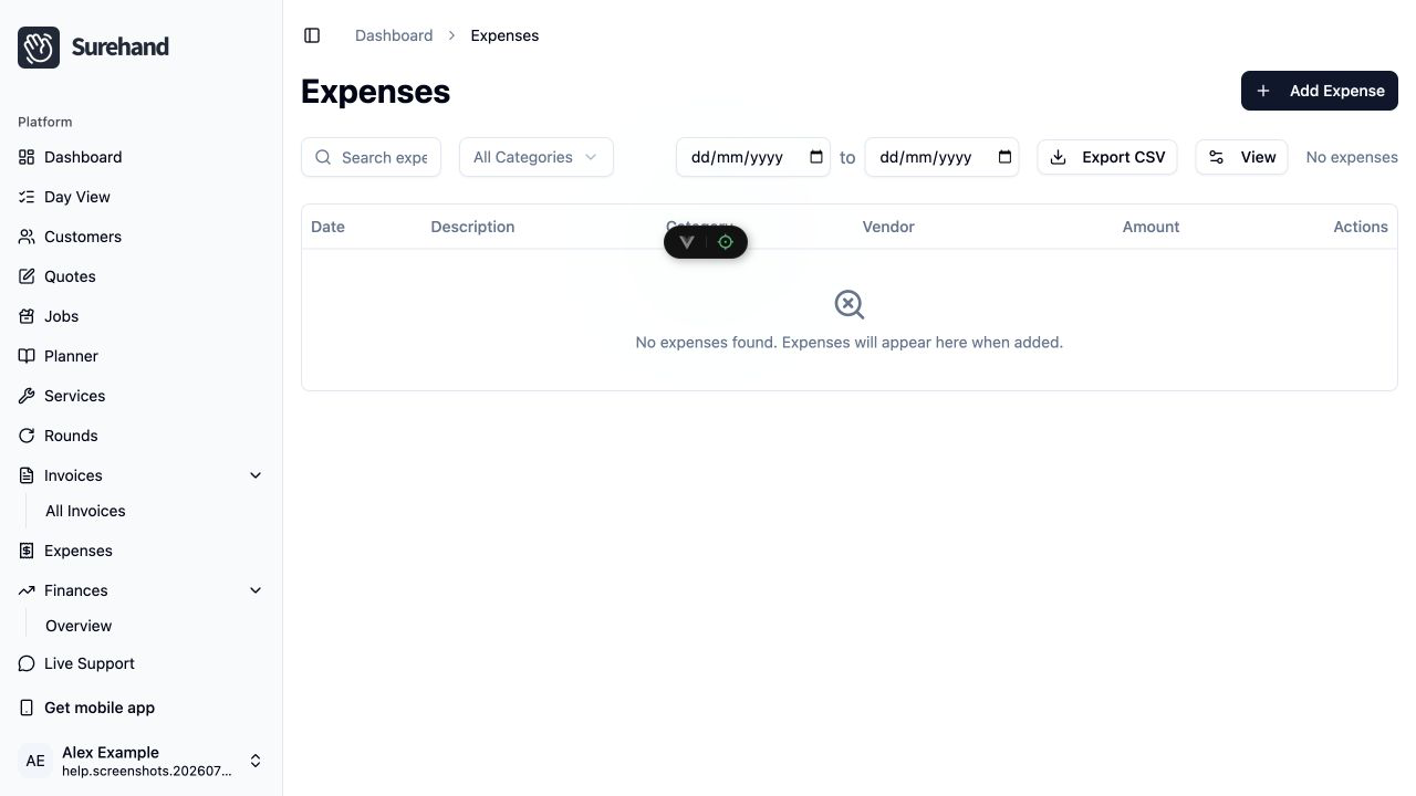 Example data: an empty expense list and the Add Expense action in the current Surehand web app