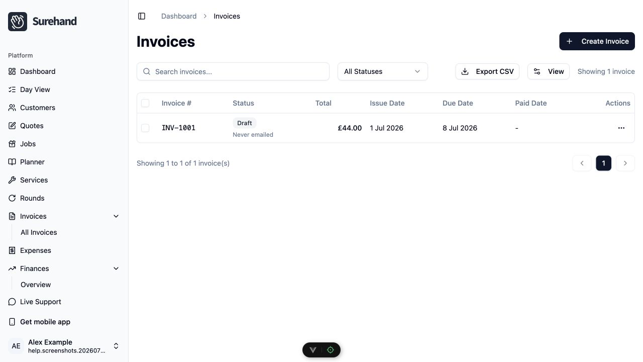 Example data: fictional invoices and payment statuses in the current Surehand web app