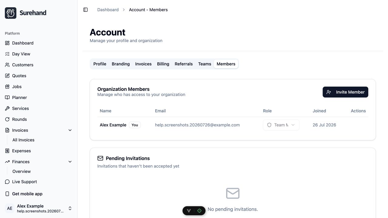 Example data: fictional workspace members and access controls in the current Surehand web app