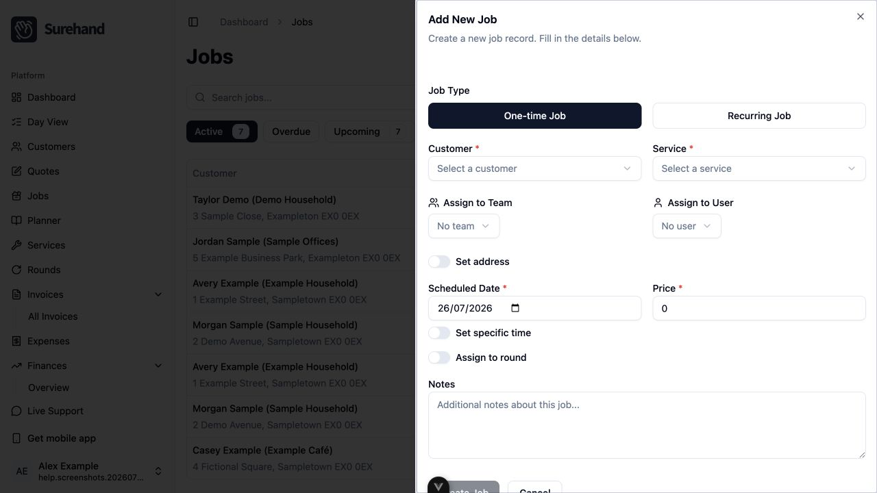 Example data: an unsaved one-off job for a fictional customer in the current Surehand web app