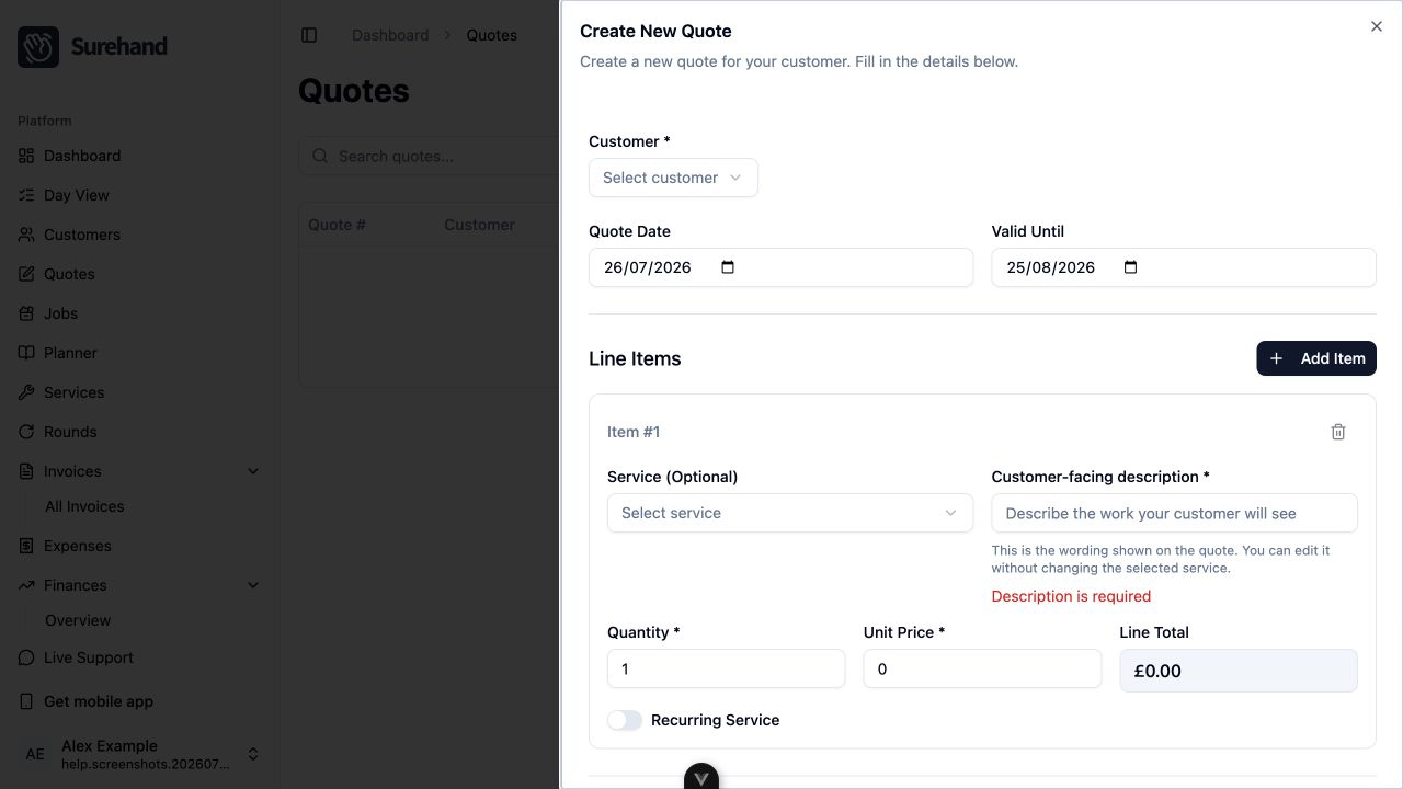 Example data: an unsent quote for a fictional customer in the current Surehand web app