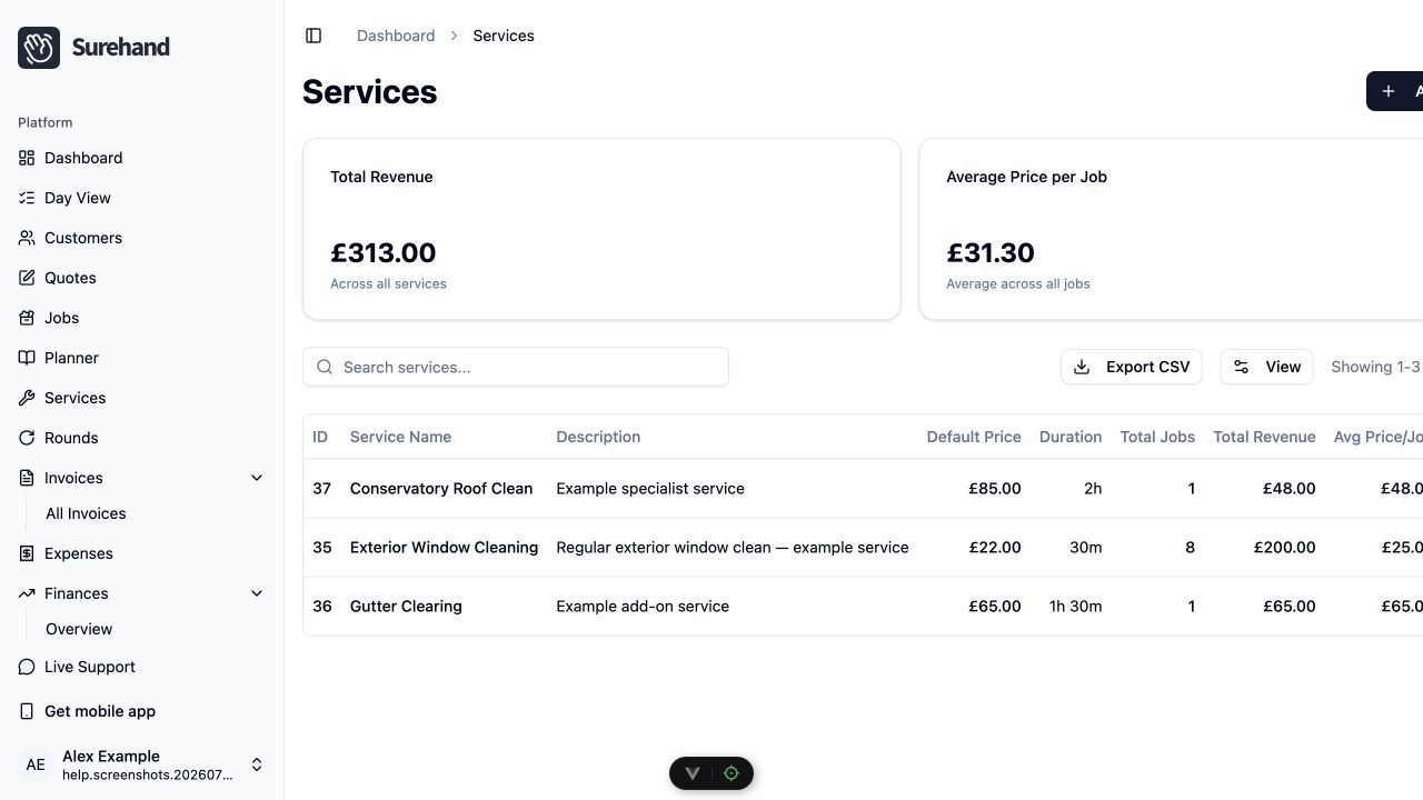 Example data: fictional window-cleaning services and prices in the current Surehand web app