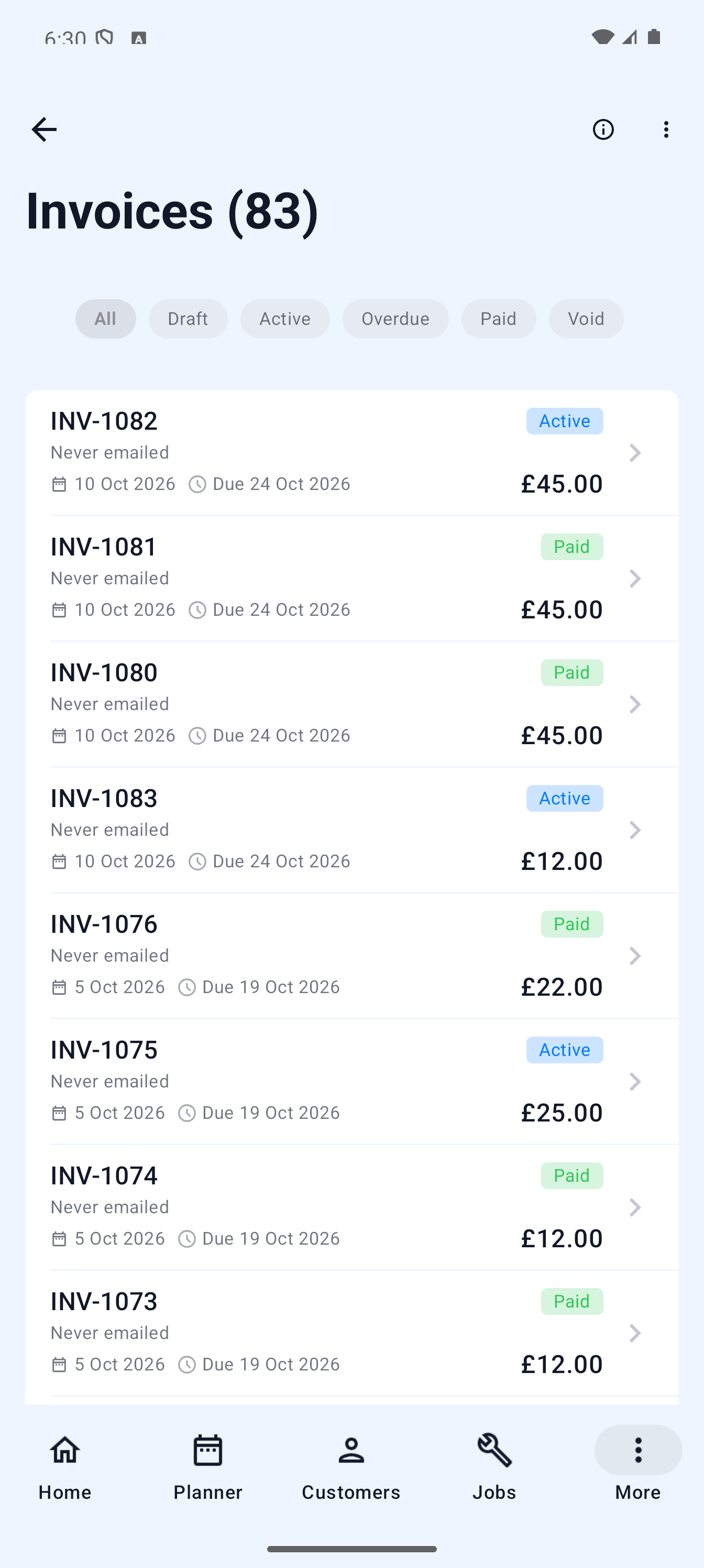 Example data: Android invoice detail for an overdue invoice, Actions section with Send Payment Reminder showing