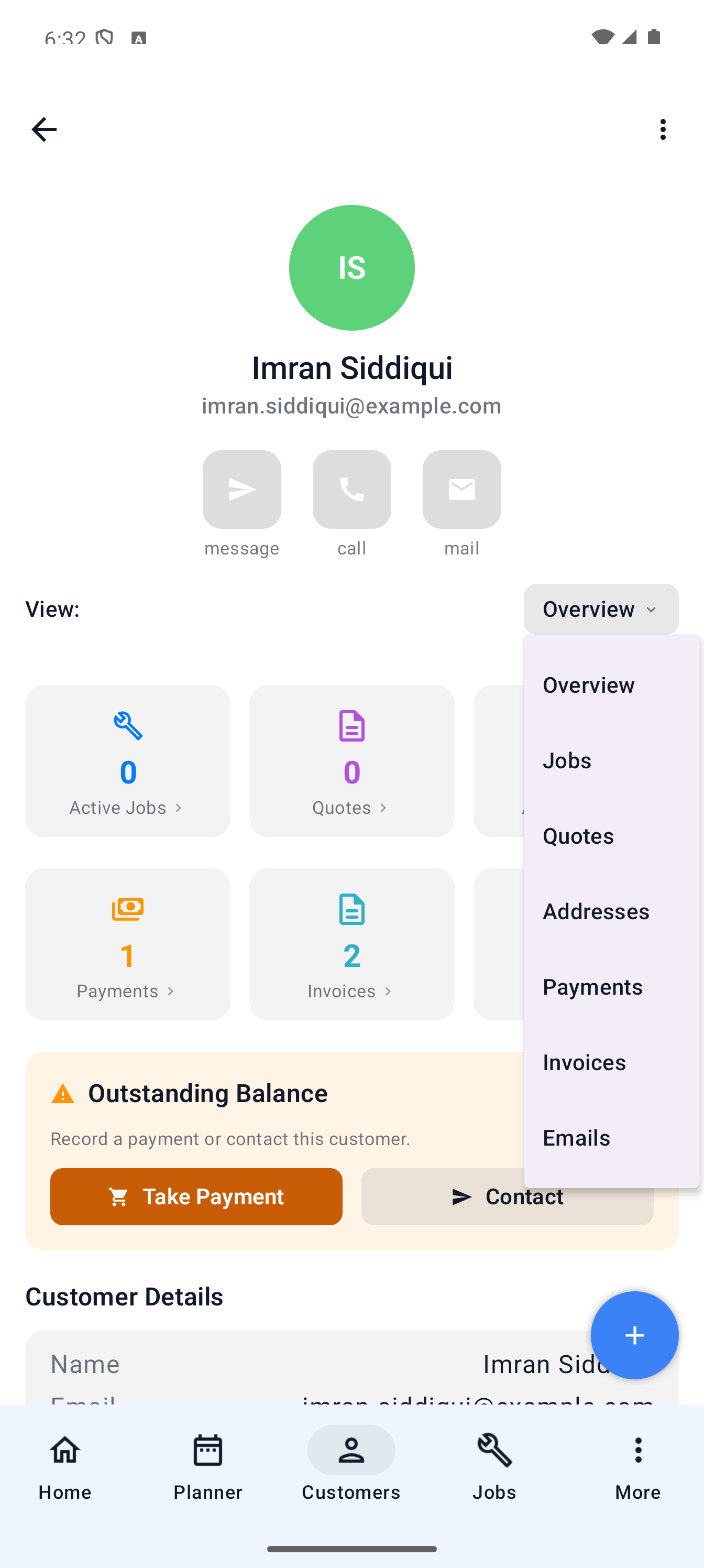 Example data: Android customer screen with the View menu open, showing Payments and Emails