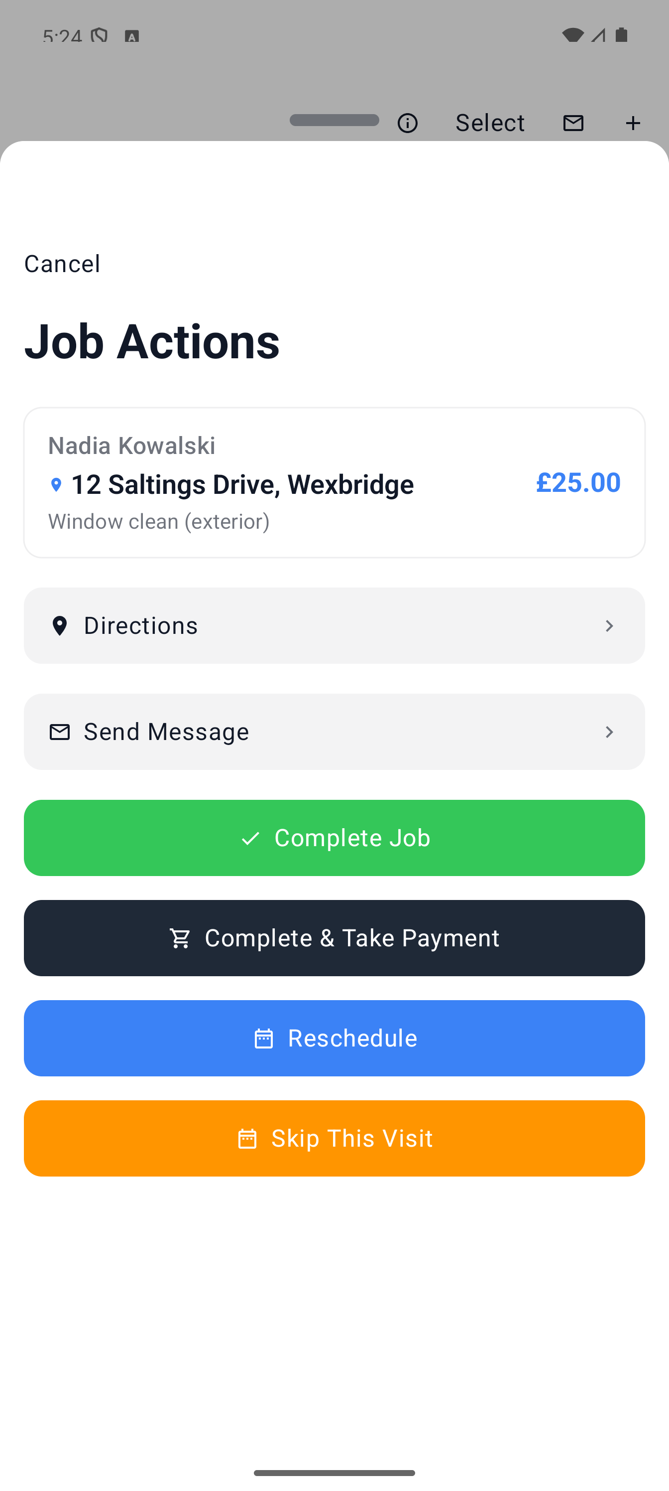 Example data: Android job details for a fictional window-cleaning visit, scrolled to the actions, showing the button that starts completion and the Complete & Take Payment button