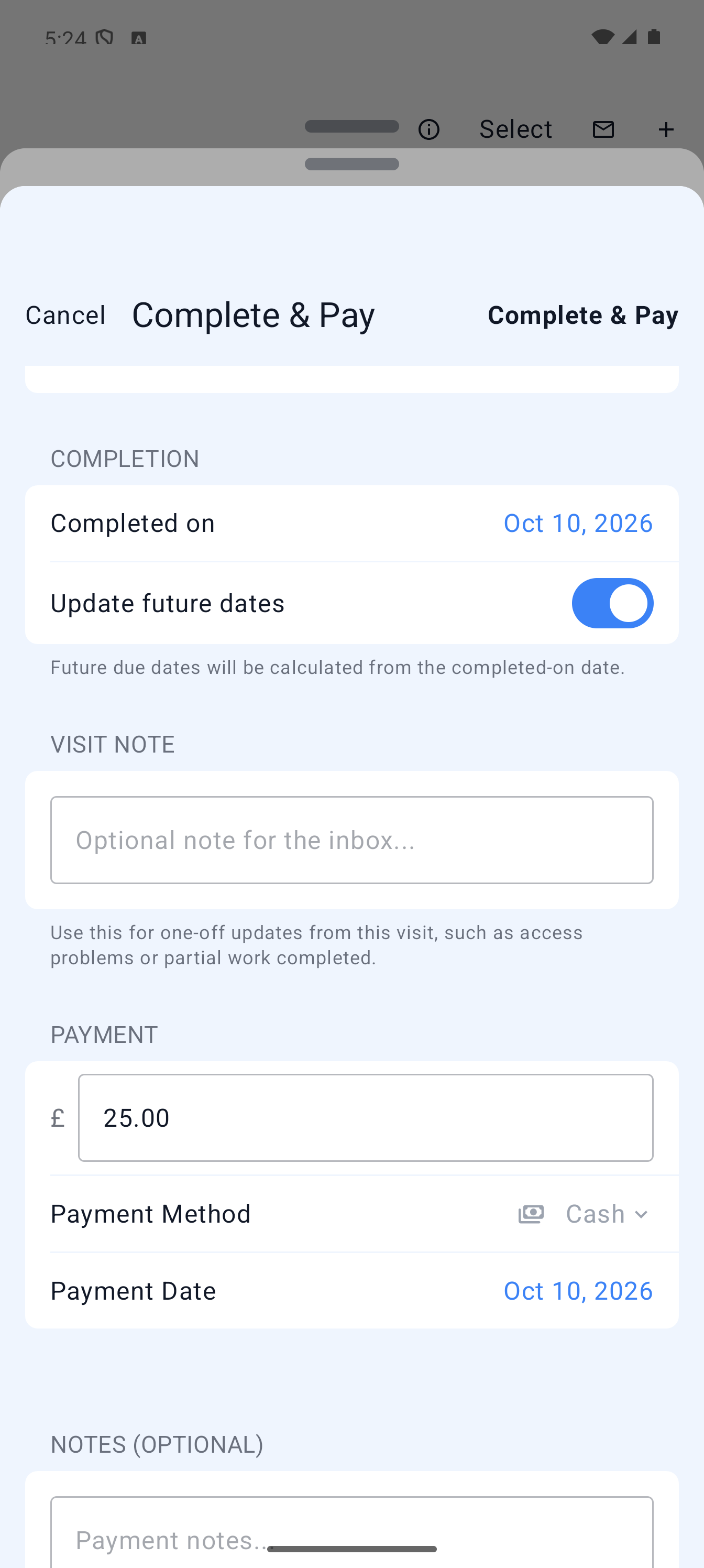 Example data: Android Complete & Take Payment screen for the same fictional visit, with a payment method and amount filled in