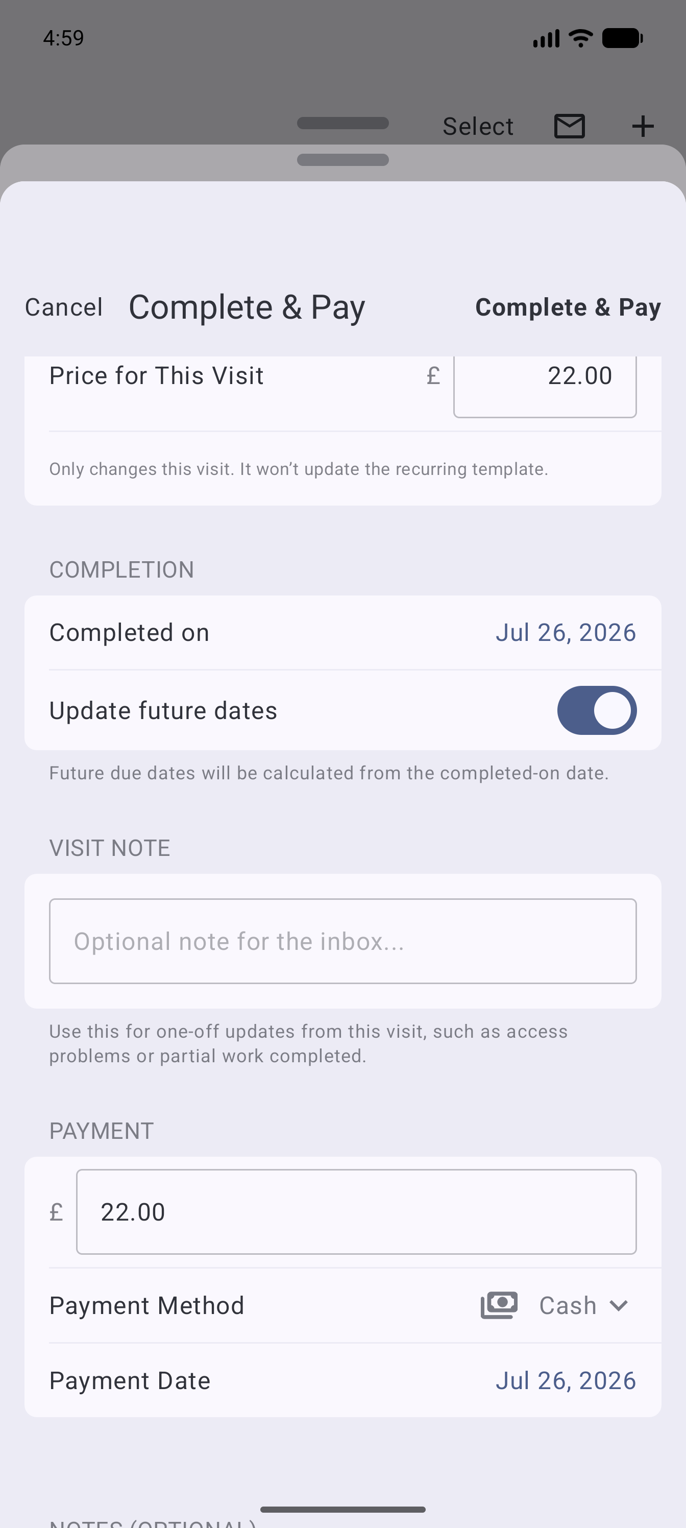 Example data: the current Complete & Pay flow for a fictional visit on Android