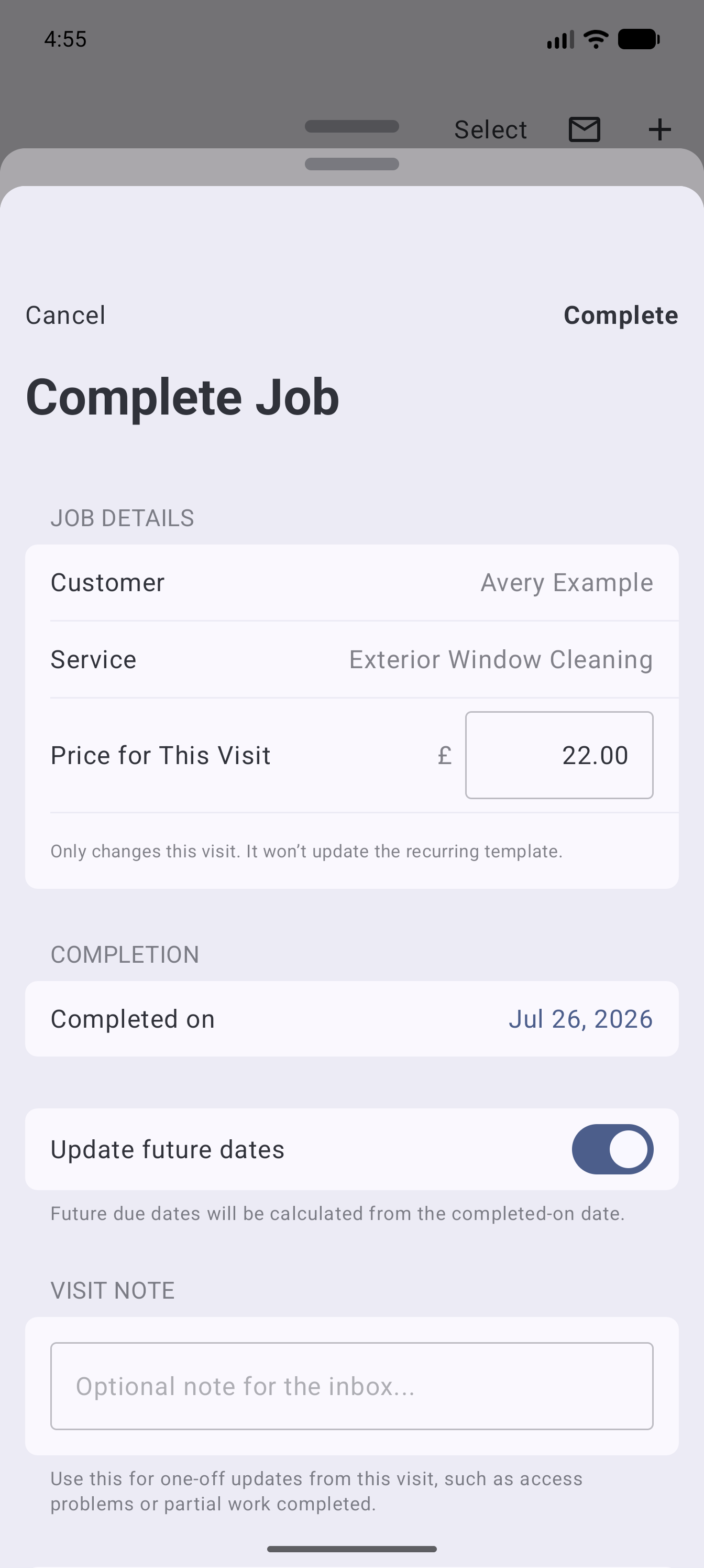 Example data: completing a fictional window-cleaning visit in the current Surehand Android app