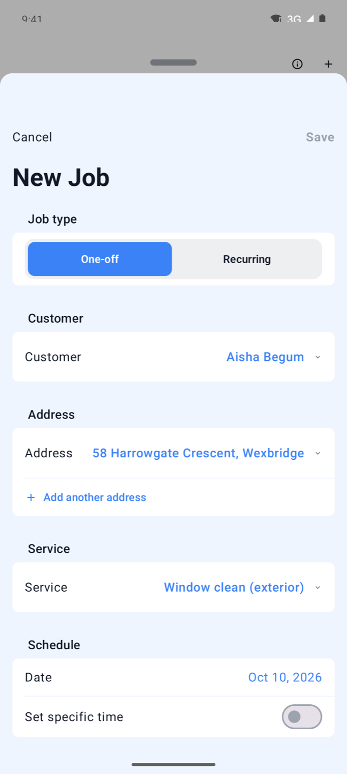 Example data: the Android Jobs tab with the + action open to create a one-off job for a fictional customer