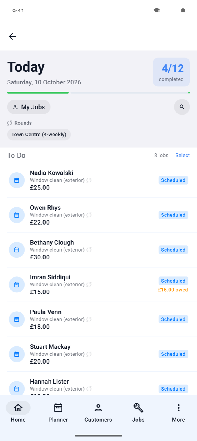 Example data: the Android Today screen with a fictional visit to complete