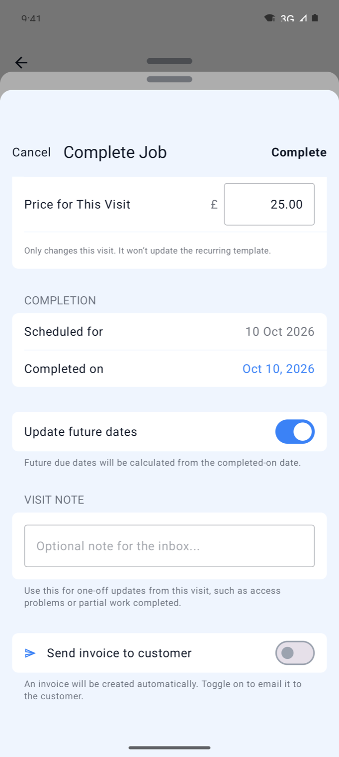 Example data: the Android completion screen for a fictional visit, showing the price and the option to email the invoice