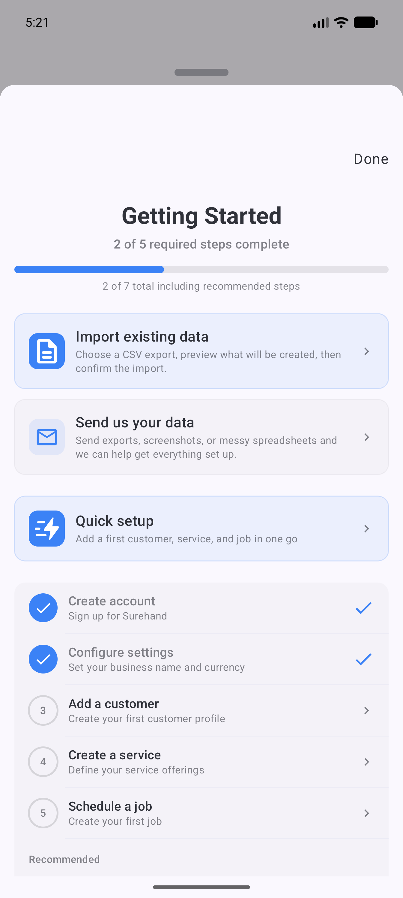 Example data: the current Getting Started checklist for a fictional Surehand workspace on Android