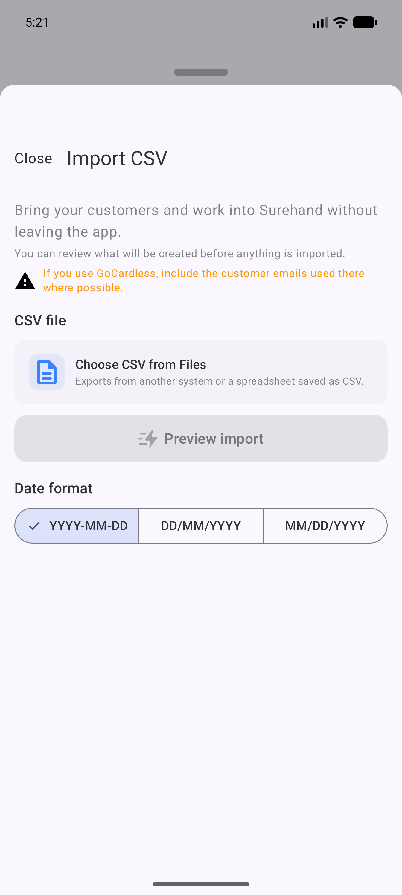 Example data: the current CSV import screen in a fictional new Surehand workspace on Android, before a file is selected