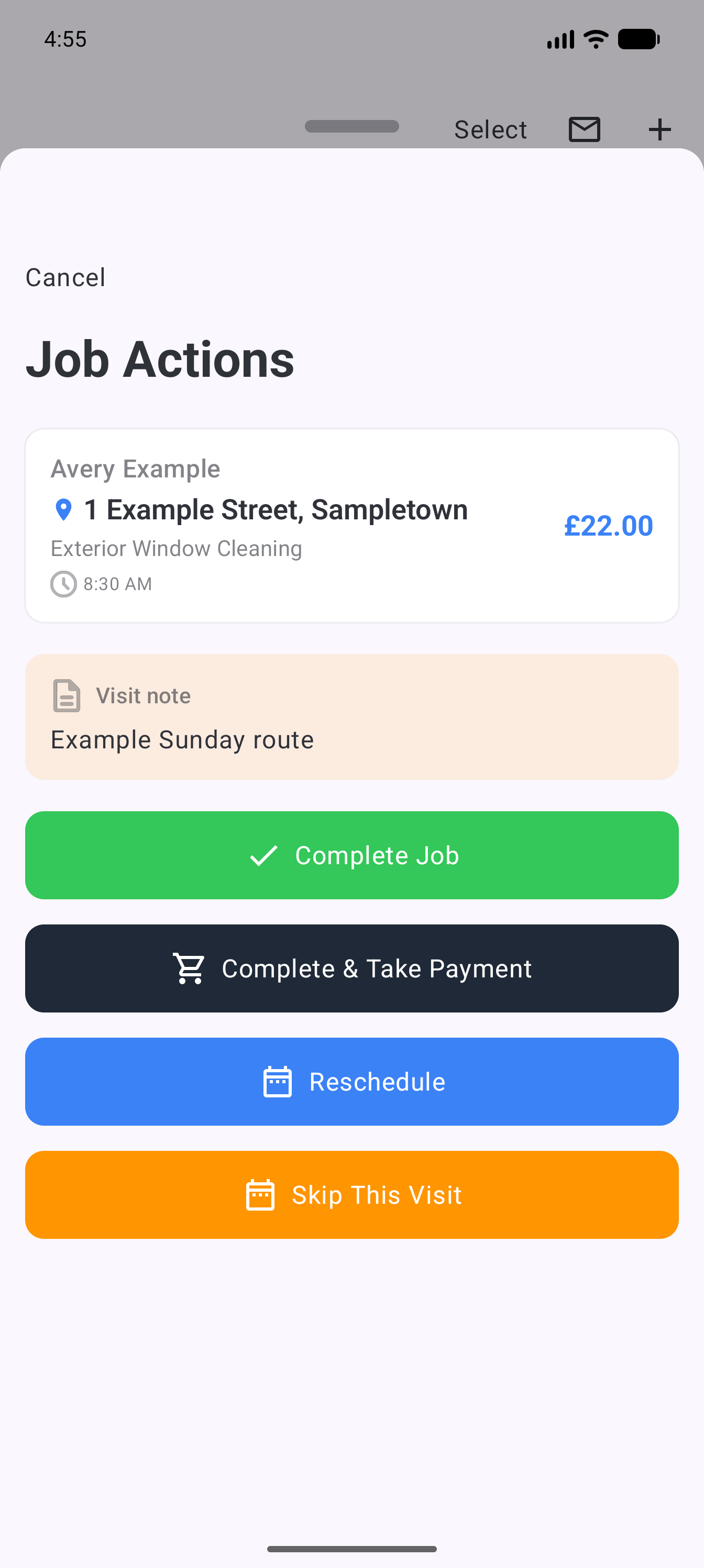 Example data: current job actions for a fictional window-cleaning visit on Android