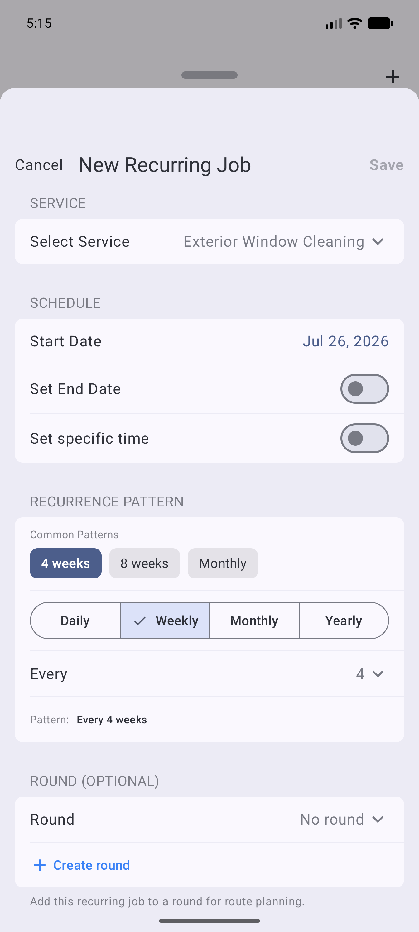 Example data: an unsaved four-weekly job for a fictional customer in the current Surehand Android app