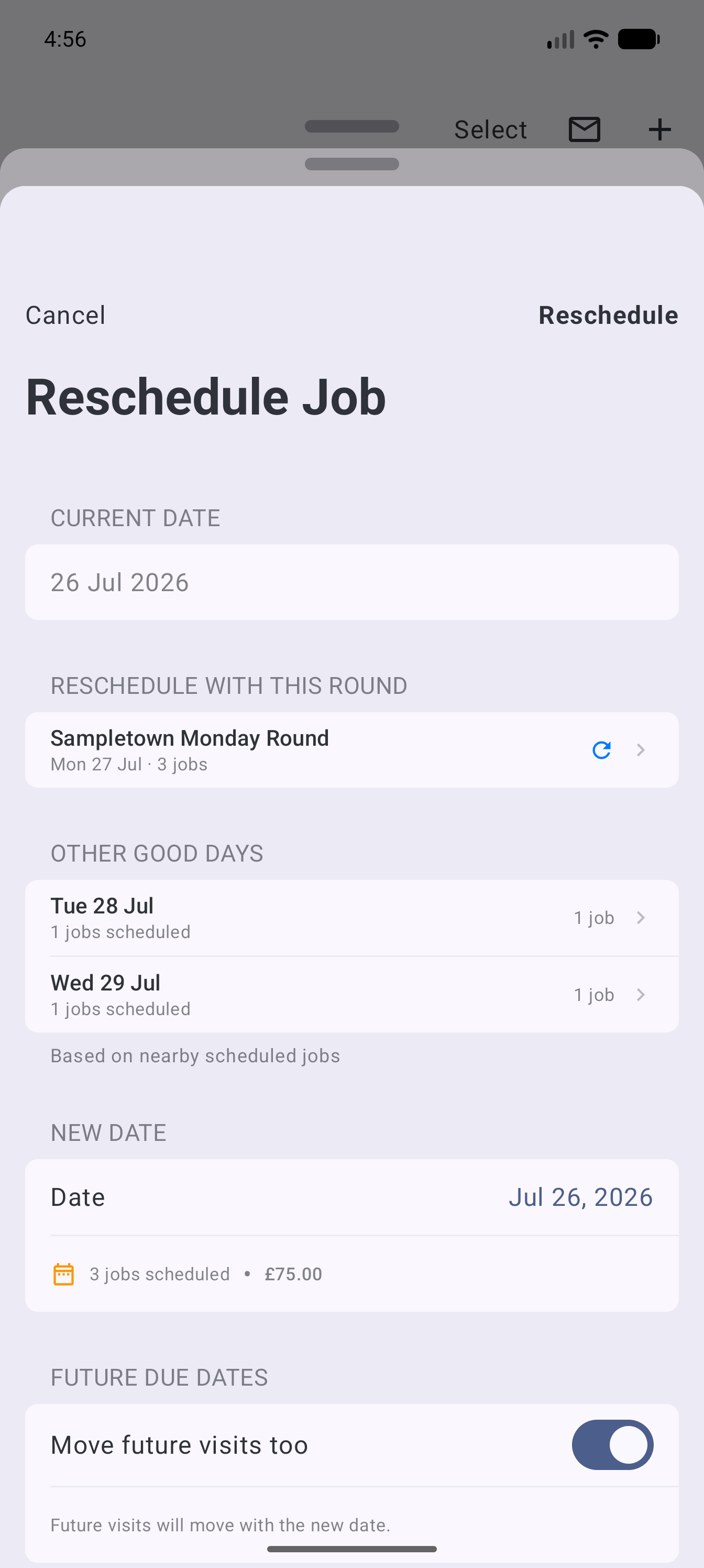 Example data: rescheduling a fictional recurring visit in the current Surehand Android app
