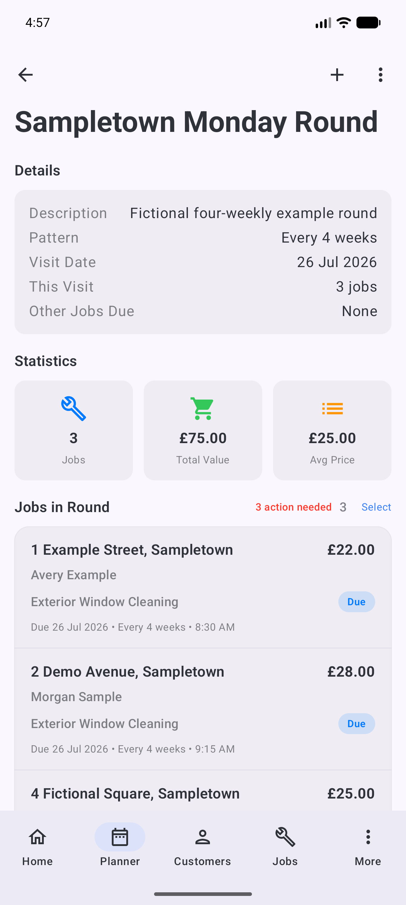 Example data: a fictional four-weekly round in the current Surehand Android app