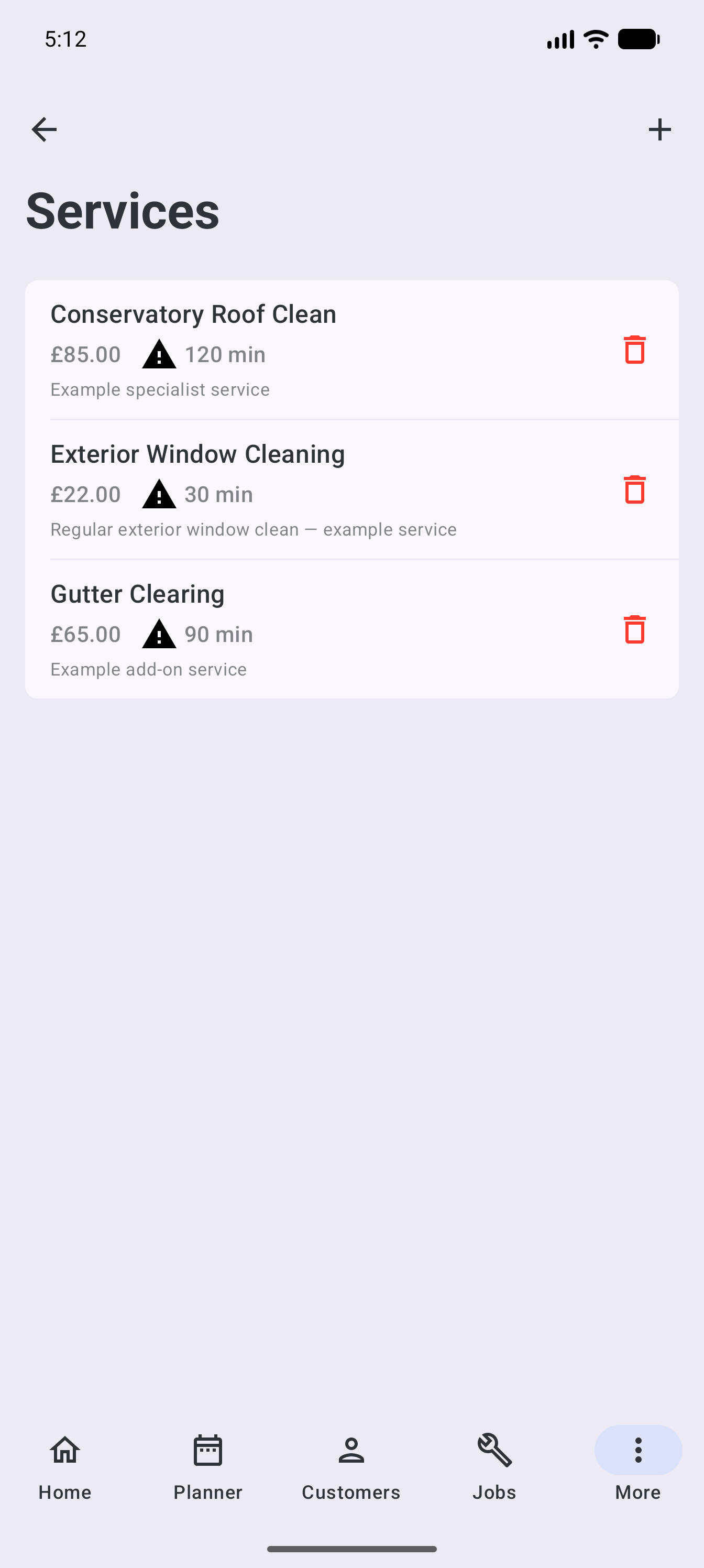 Example data: fictional window-cleaning services in the current Surehand Android app