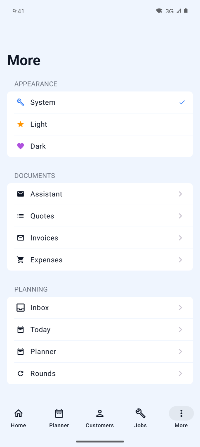 Example data: Android app More tab with the Workspace Settings row in the Settings section