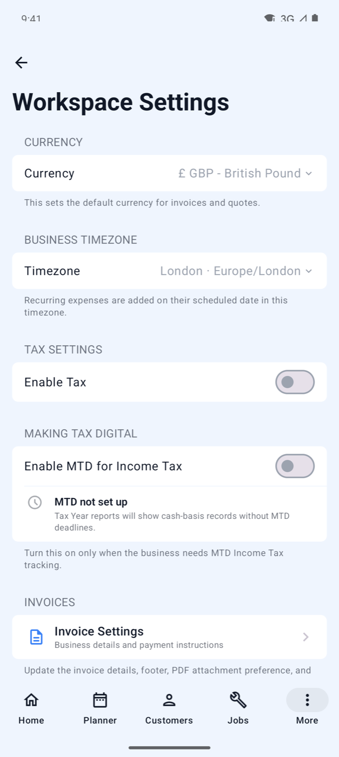 Example data: Android Workspace Settings screen with the Services row visible