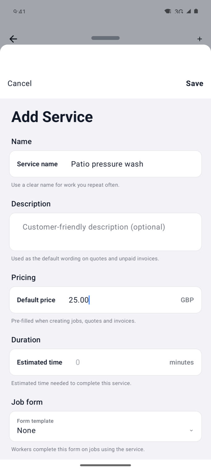 Example data: Android Add Service form with a fictional Service name and Default price filled in