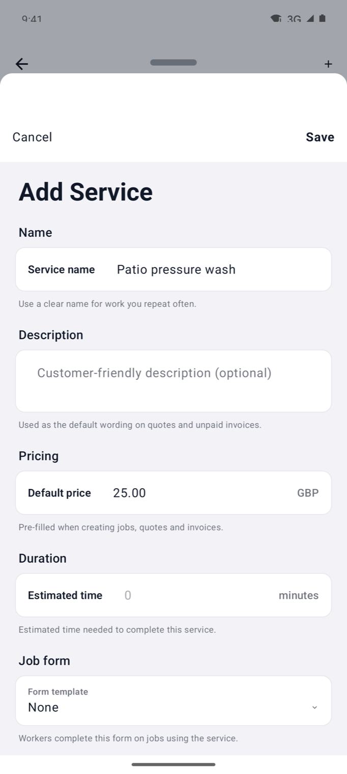 Example data: Android Add Service form with the Save button in the top app bar