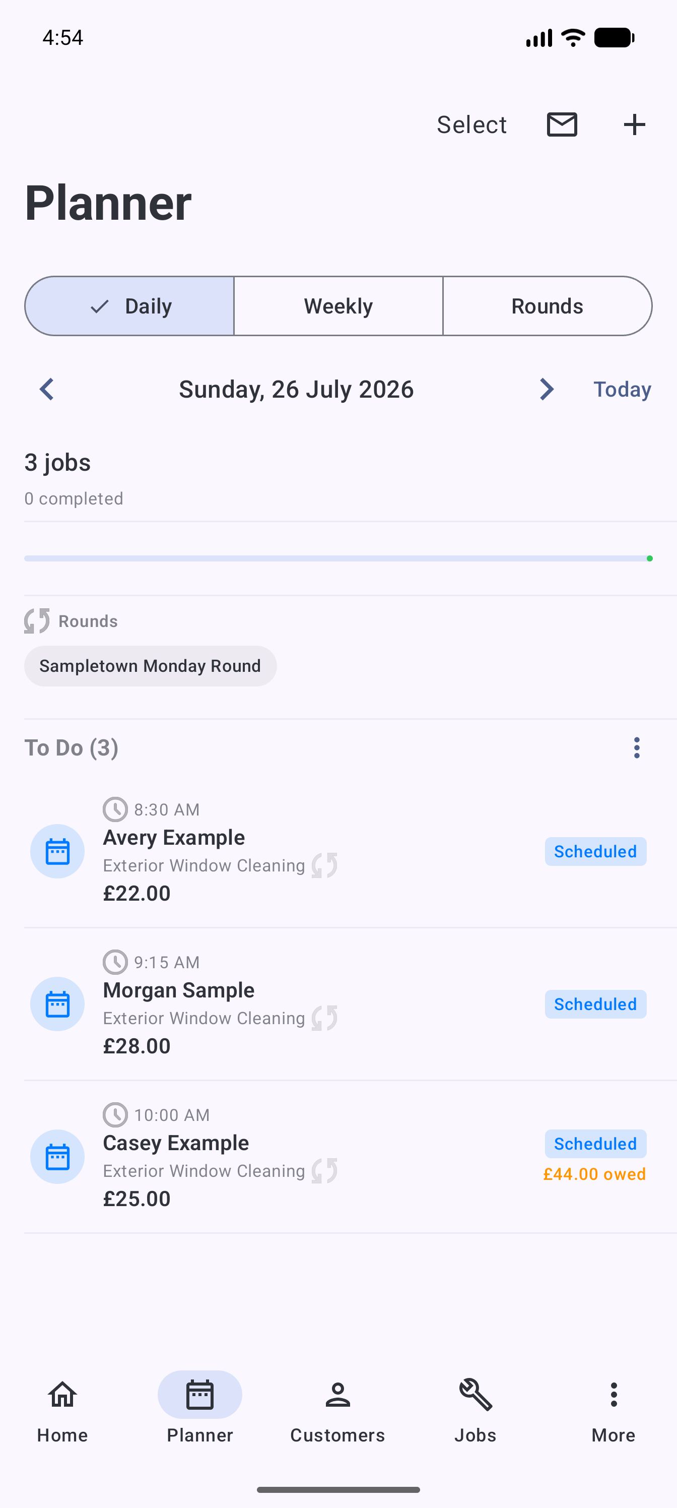 Example data: three fictional visits in the current Surehand Planner on Android
