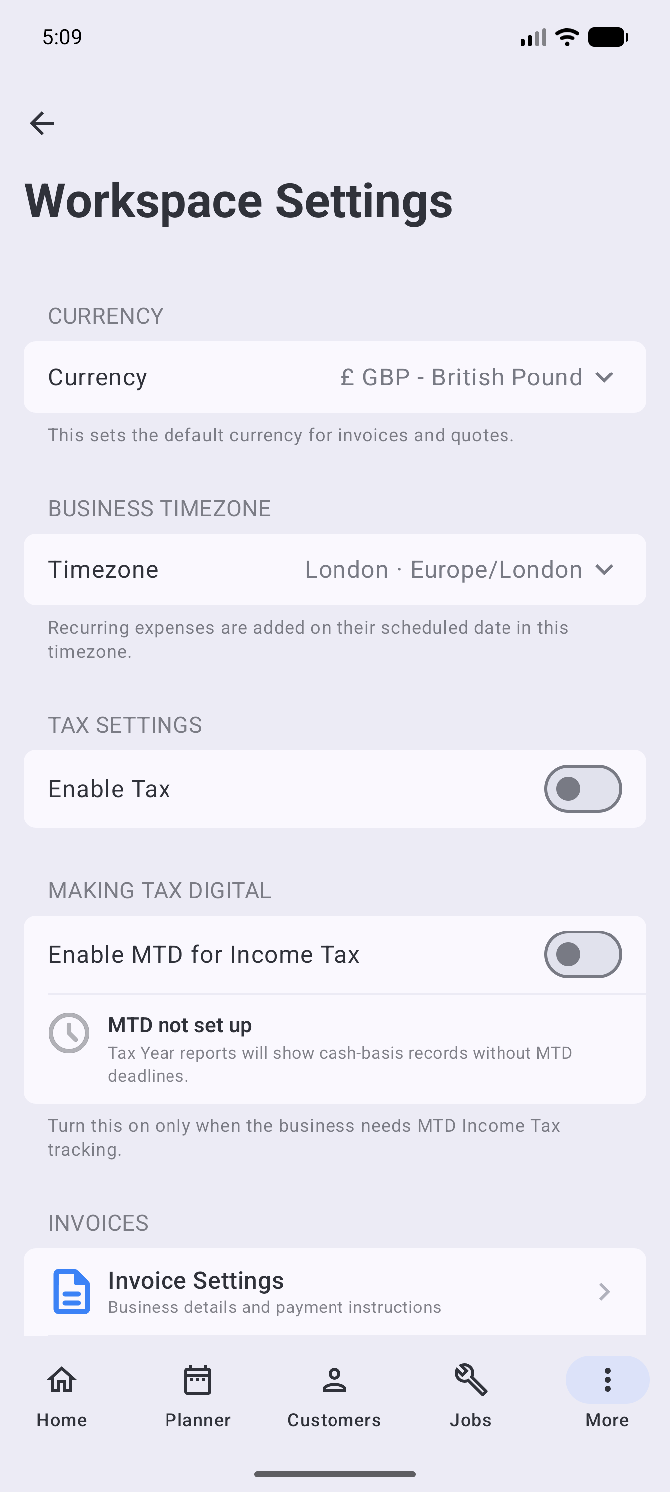 Example data: current workspace settings for the fictional Surehand Co workspace on Android