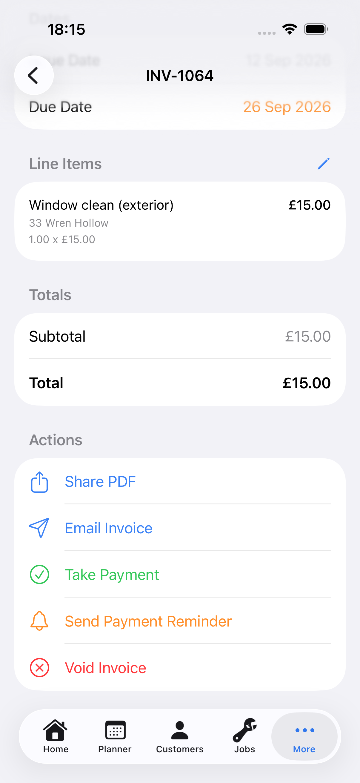 Example data: iPhone invoice detail for an overdue invoice, Actions section with Send Payment Reminder showing