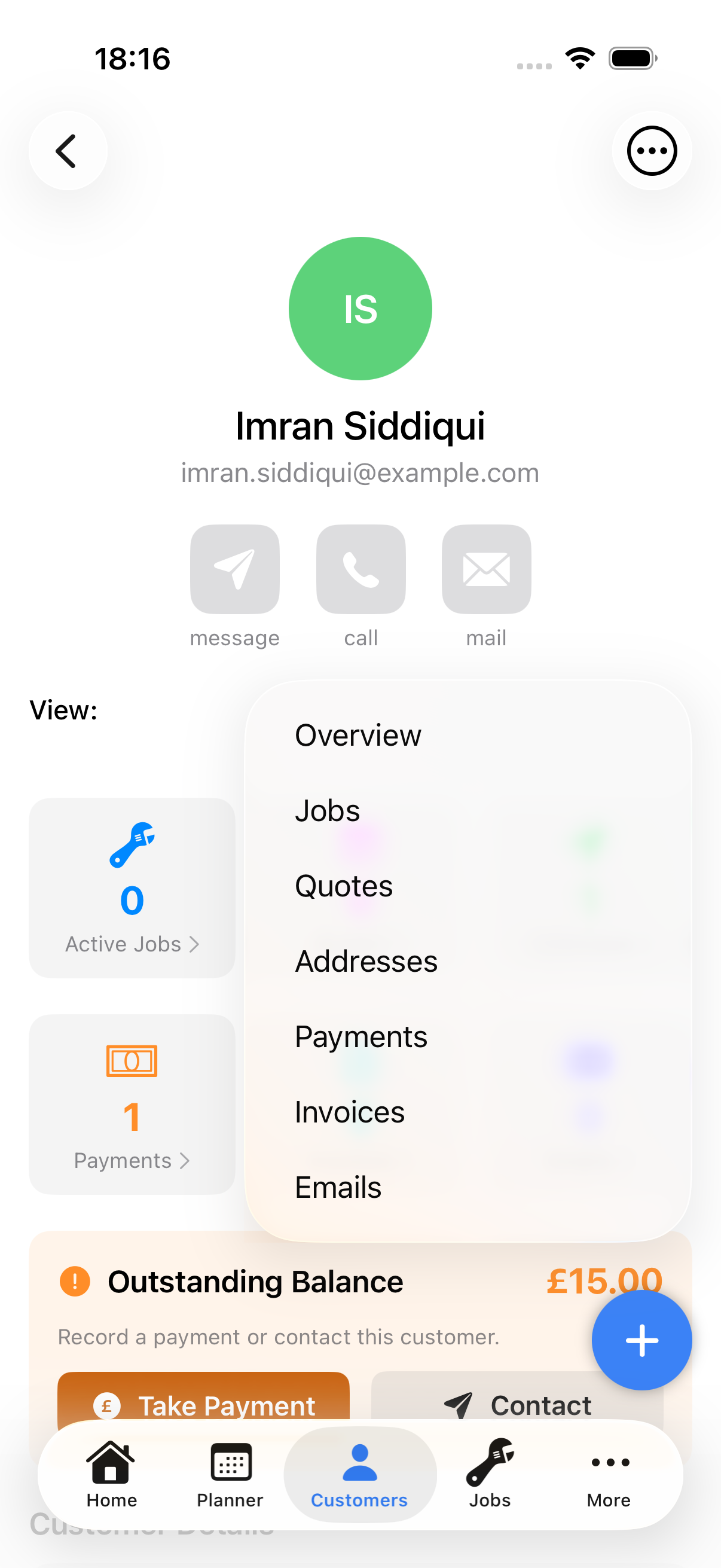 Example data: iPhone customer screen with the View menu open, showing Payments and Emails