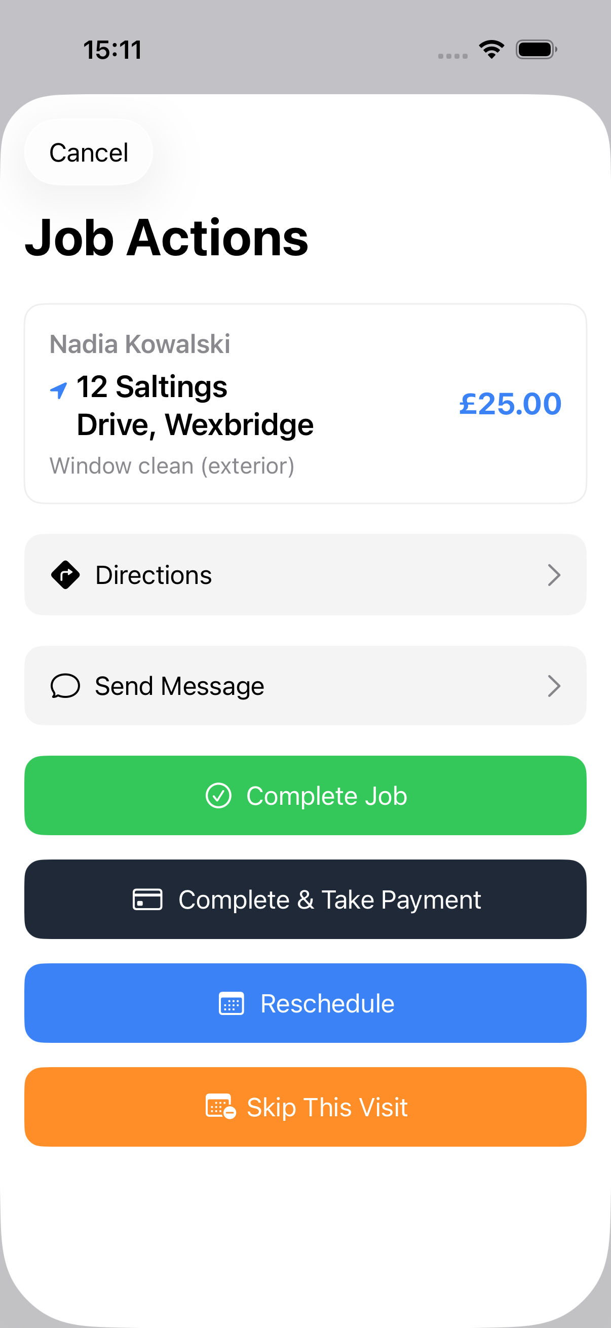 Example data: iPhone Complete & Take Payment screen for the same fictional visit, with a payment method and amount filled in