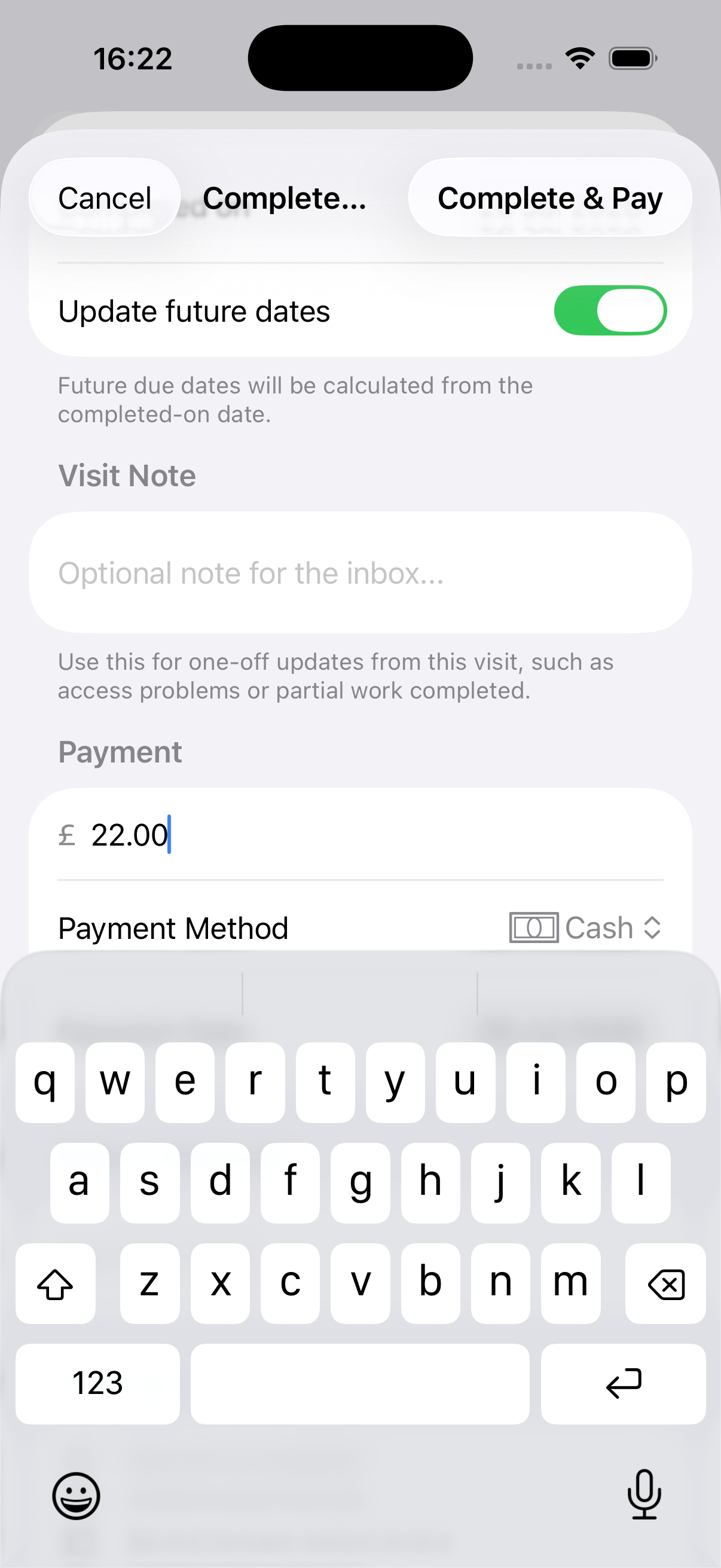 Example data: the current Complete & Pay flow for a fictional visit on iPhone