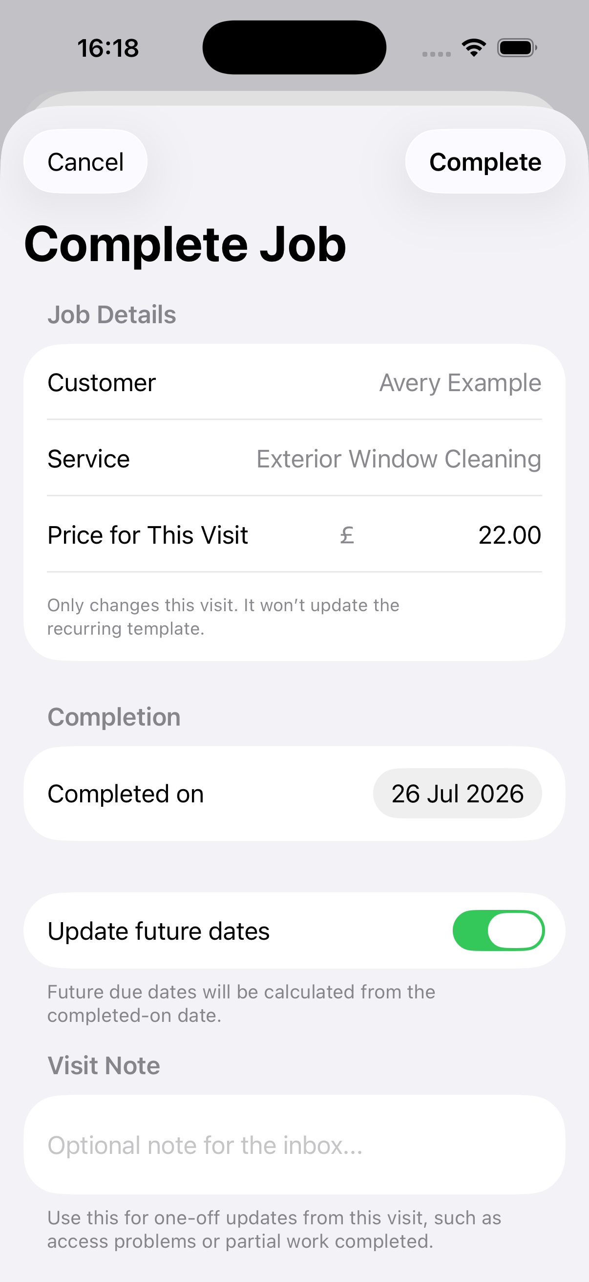 Example data: completing a fictional window-cleaning visit in the current Surehand iPhone app