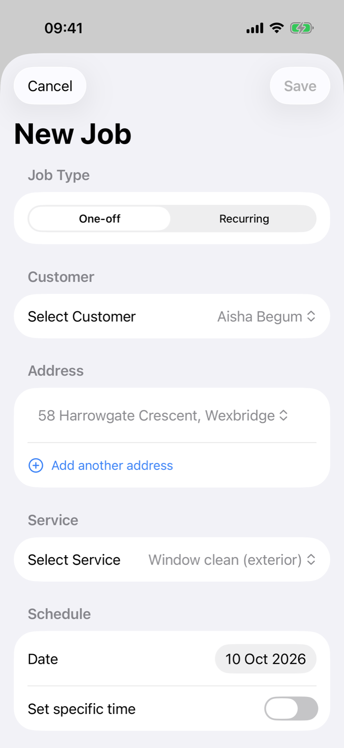 Example data: the iPhone Jobs tab with the + action open to create a one-off job for a fictional customer